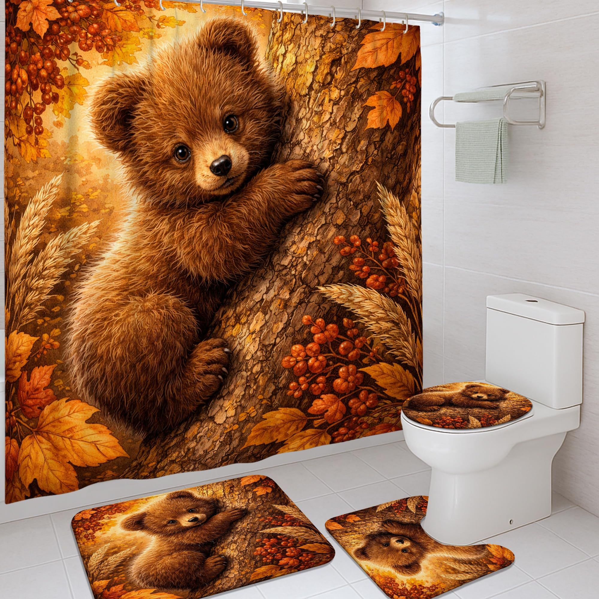 Ensemble rideau de douche marron 183x183 cm et tapis de baignoire pour appartement