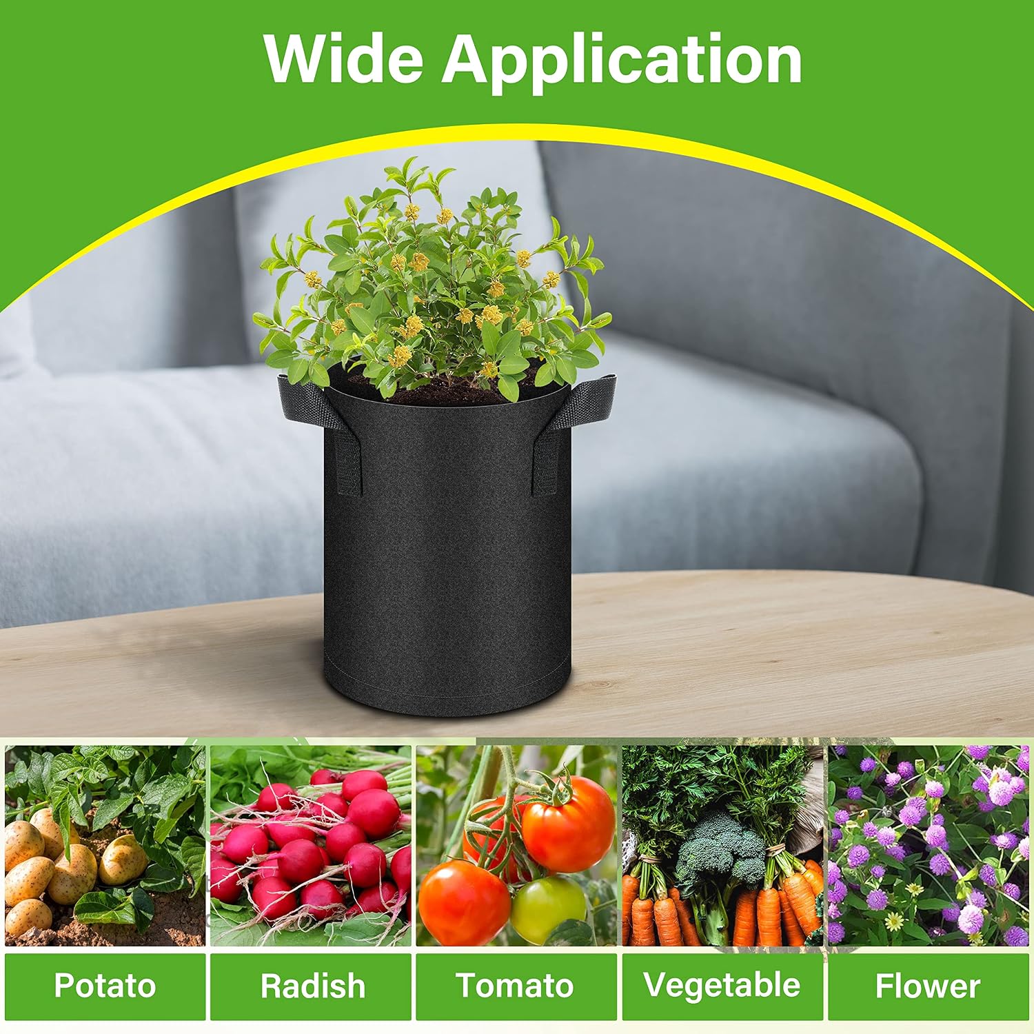 HealSmart 6-Pack 1 Gallon Nonwoven Grow Bags, Aeration Fabric Pots with Handles, Suitable for Garden Fruits, Vegetables and Flowers, Black