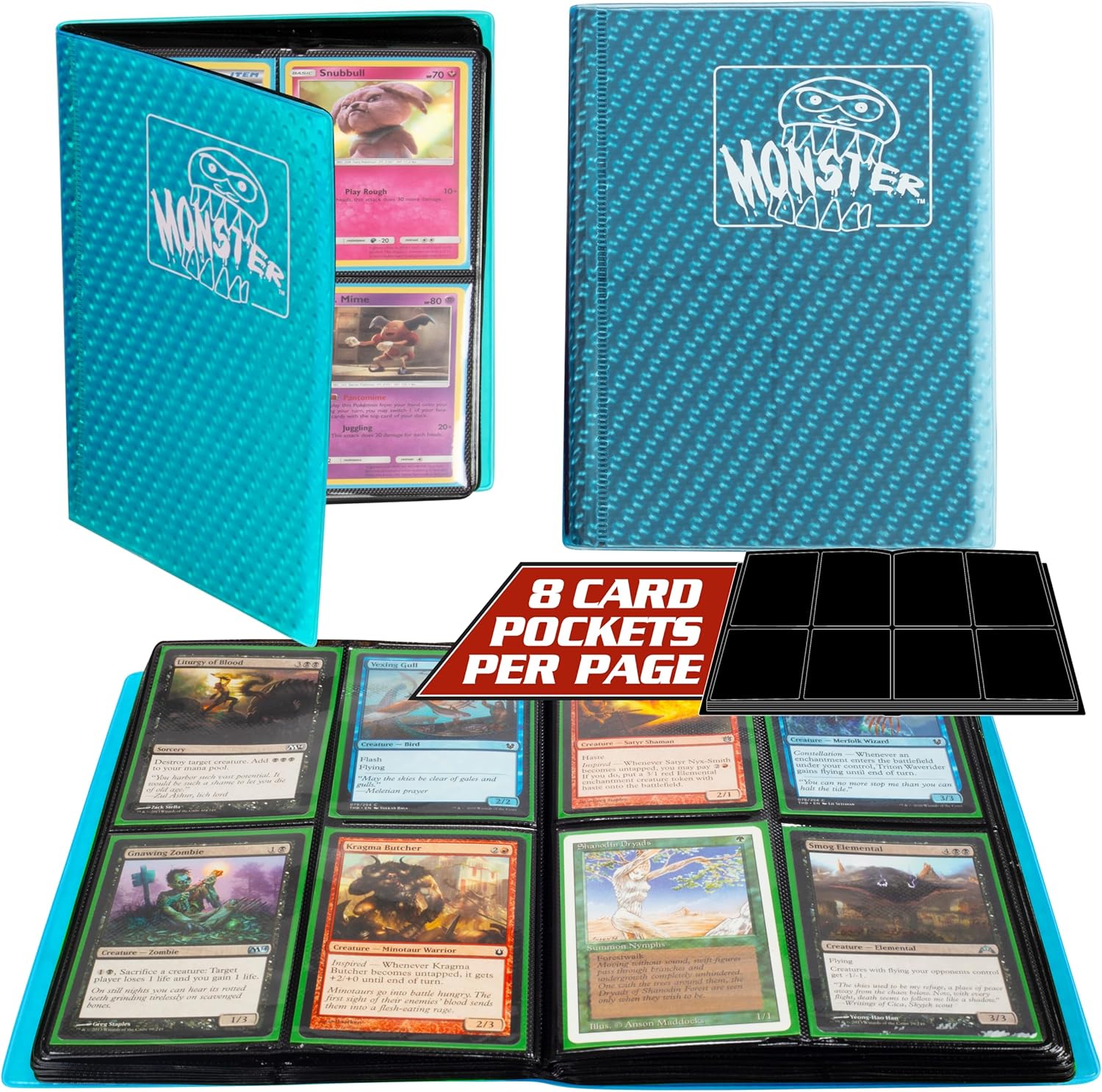 Monster 4 Pocket Trading Card Album - Matte Green Binder, Anti-Theft & Anti-Drop TCG Protection w Side Loading Pockets, Holds 160 Cards - Compatible with Yugioh, Pokemon, MTG Magic the Gathering Cards