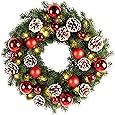 24 in Pre-Lit Christmas Wreath for Front Door, Artificial Christmas Wreath with 20 Led Lights and Timer, Xmas Wreath with Red Berries, Pine Cones, Ball Ornaments for Holiday Decor
