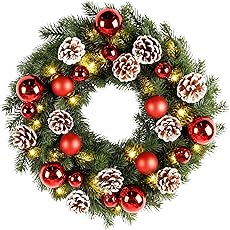 24 in Pre-Lit Christmas Wreath for Front Door, Artificial Christmas Wreath with 20 Led Lights and Timer, Xmas Wreath with Red Berries, Pine Cones, Ball Ornaments for Holiday Decor