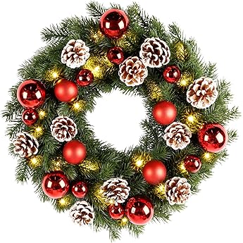 24 in Pre-Lit Christmas Wreath for Front Door, Artificial Christmas Wreath with 20 Led Lights and Timer, Xmas Wreath with Red Berries, Pine Cones, Ball Ornaments for Holiday Decor