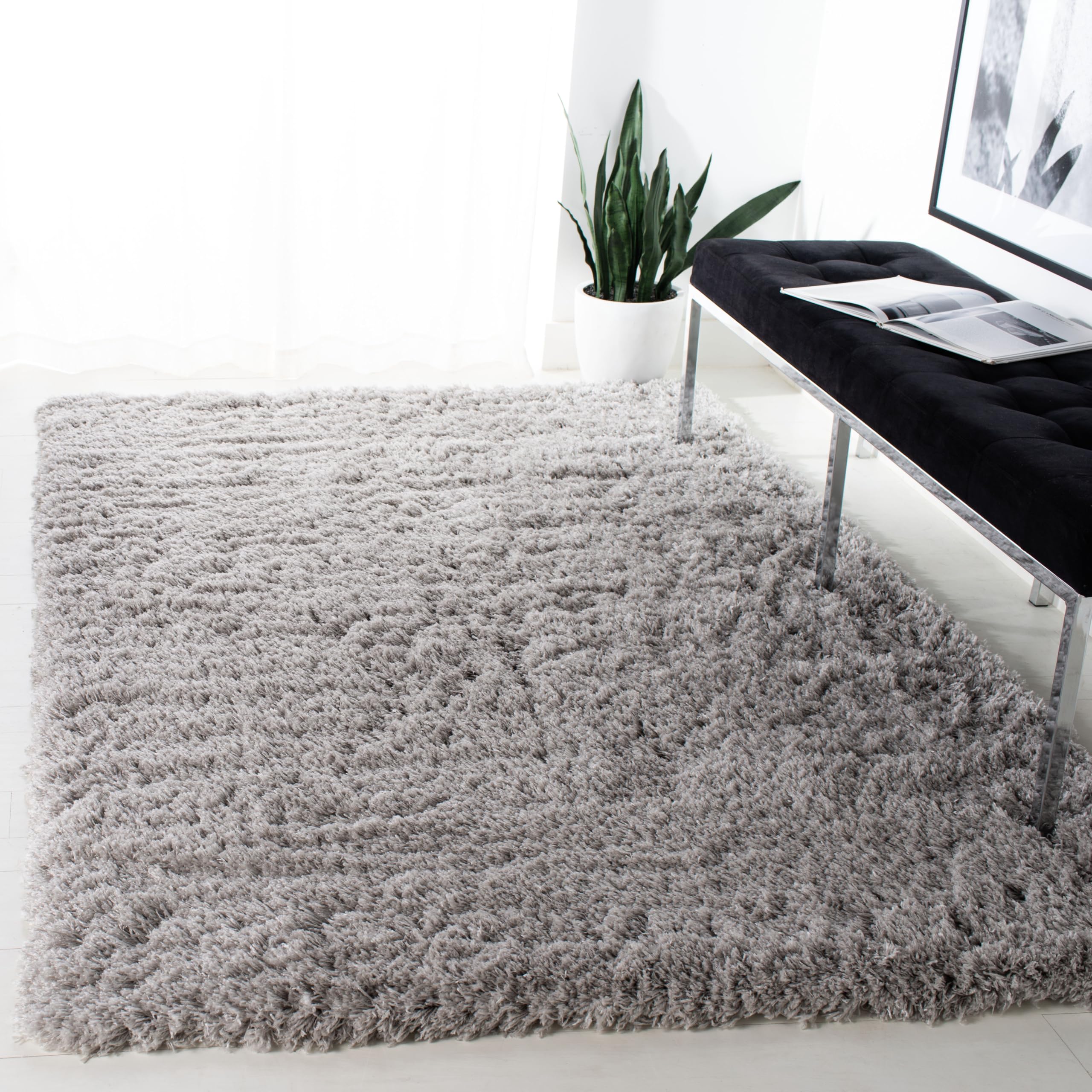 SAFAVIEH Polar Shag Collection Area Rug - 6'7" x 9'2", Silver, Solid Glam Design, Non-Shedding & Easy Care, 3-inch Thick Ideal for High Traffic Areas