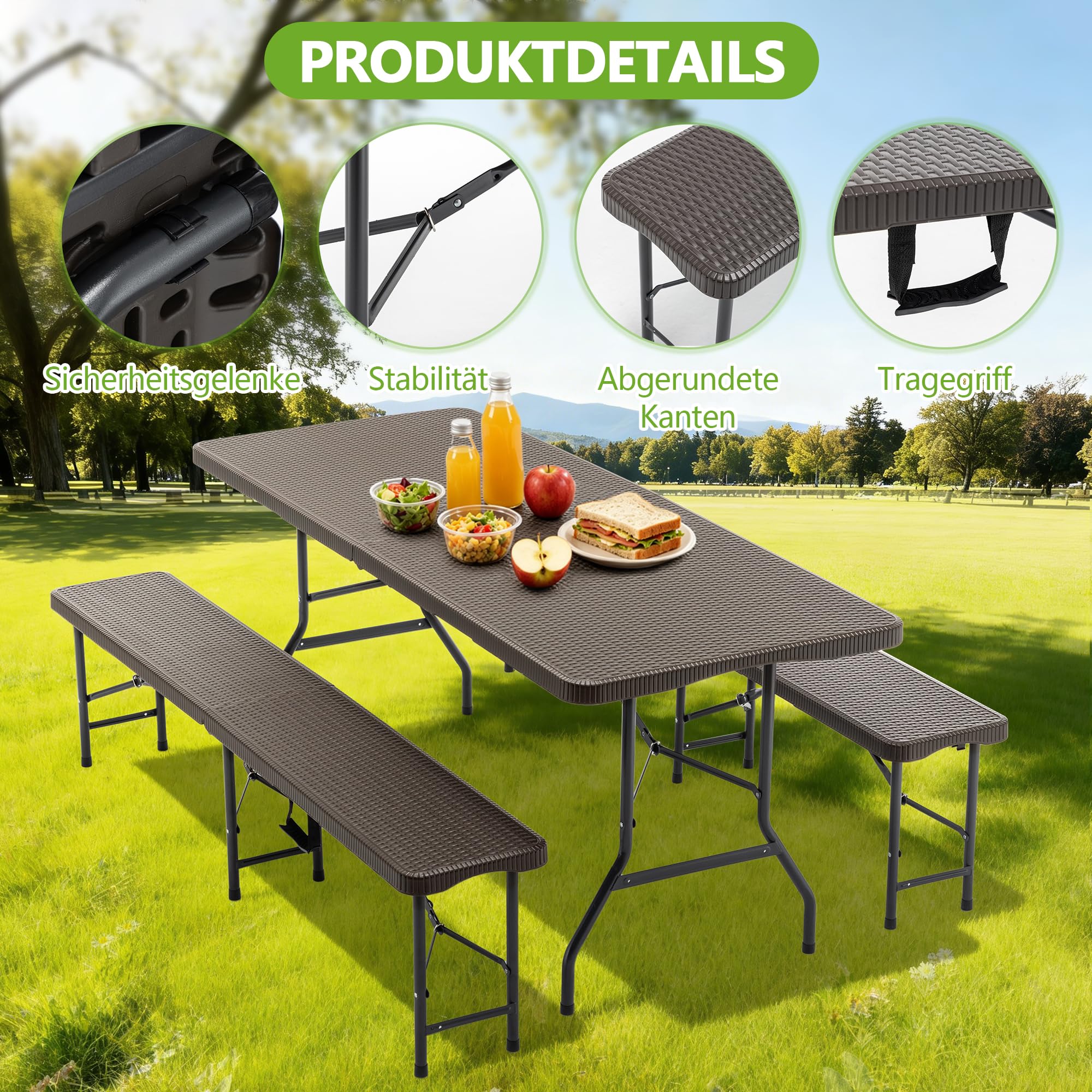 Bierzeltgarnitur Klappbar 180cm, Biertischgarnitur mit 2 Bierbank, Biergartengarnitur, Gartenmöbel Set, Balkontisch, Stabil, Wetterfest Campingtisch (Braun)