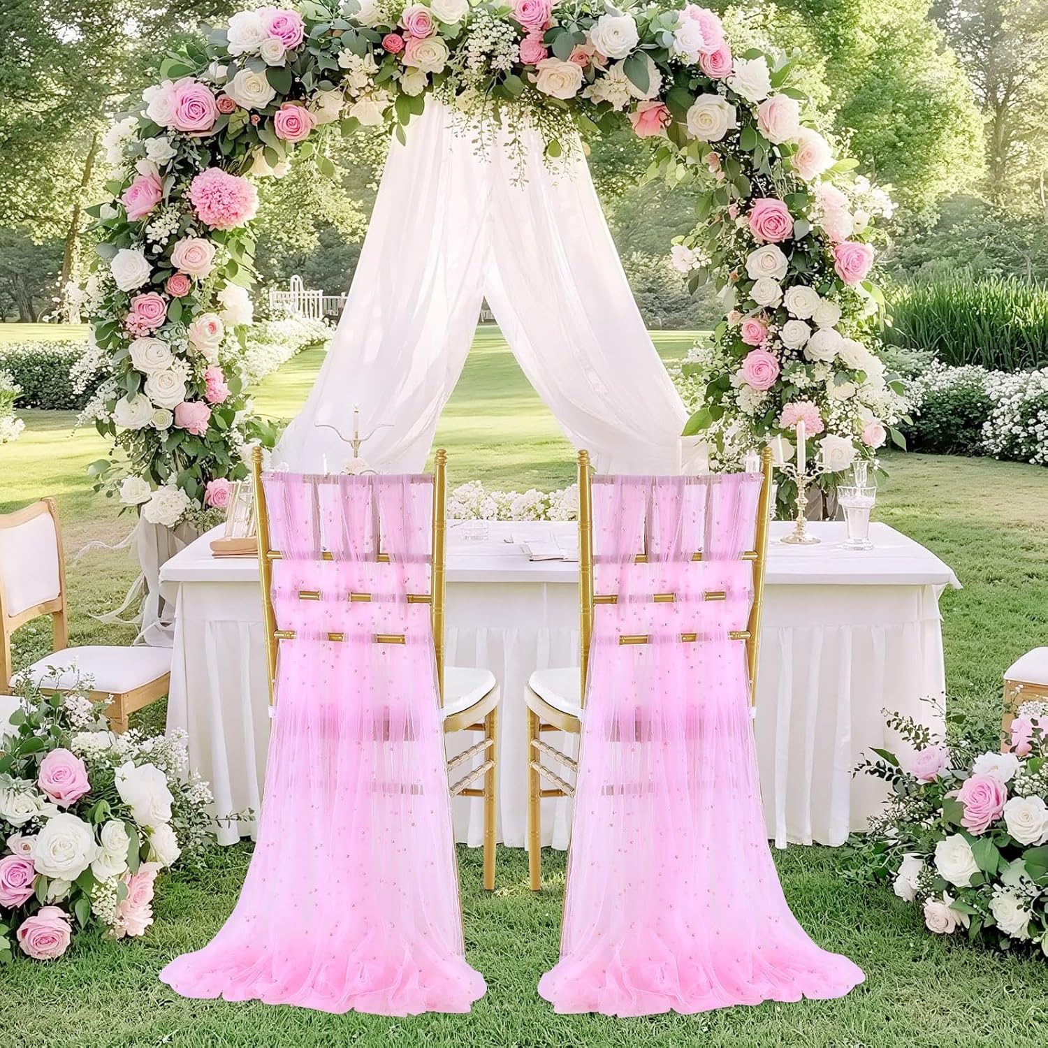 QueenDream Pink Chair Sashes Wedding Decorations: 32 Pieces 8ft Long Tulle Pearls Chair Sashes Cover - Reception Baby Shower Party Banquet