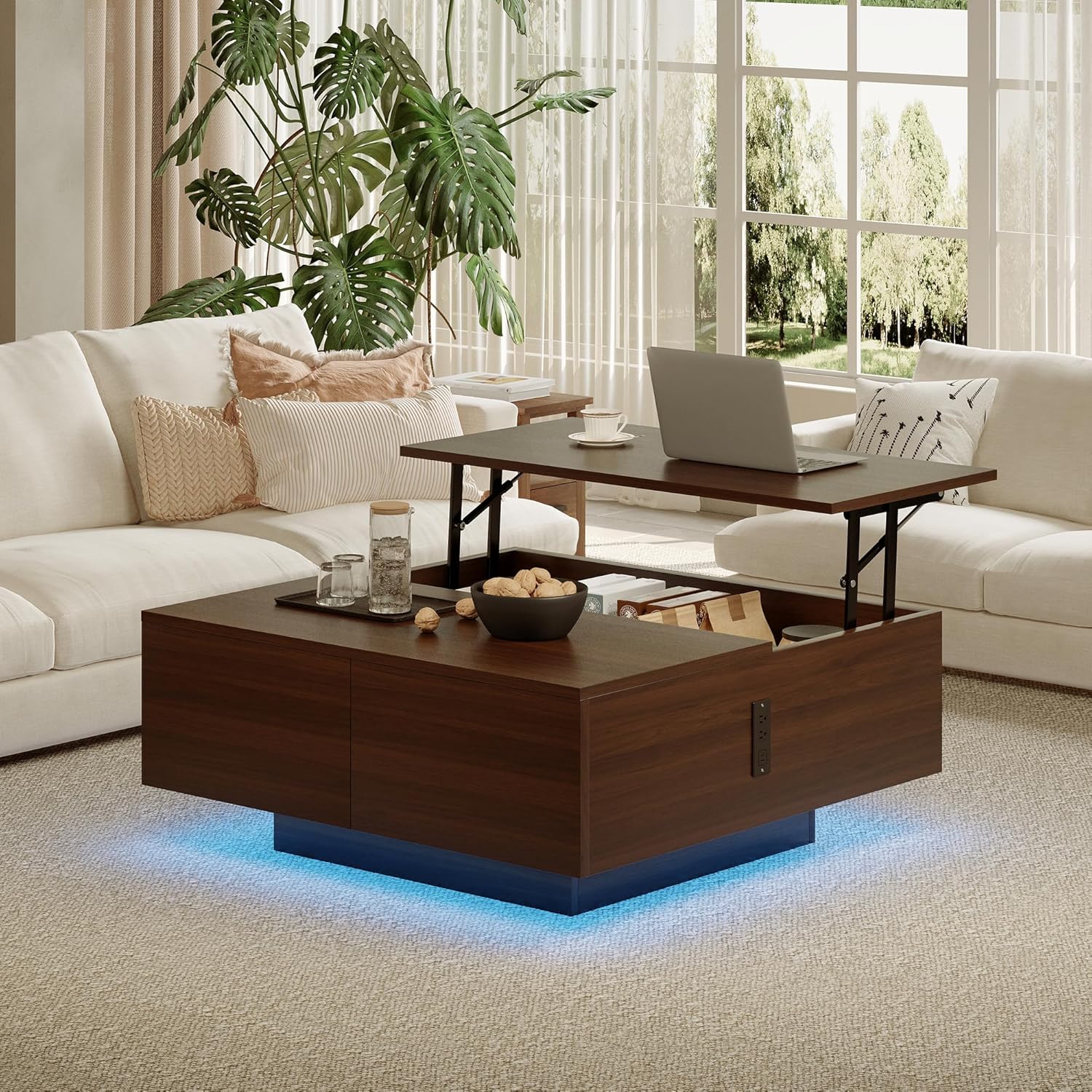 Square Lift Top Coffee Table, 31.5" Wooden Coffee Table with 2 Drawers & Hidden Storage, LED Lights & Charging Station, Mid Century Modern Center Table for Living Room Home Office (Walnut)