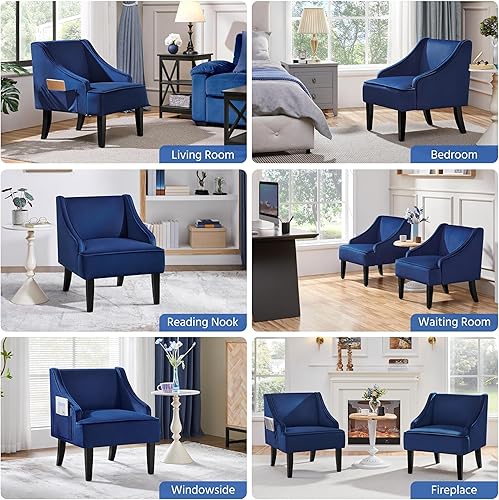 Miniatura 6 de Yaheetech Mid-Century - Silla decorativa de terciopelo con bolsillo, marco de madera, cómoda silla de barril para sala de estar, sala de