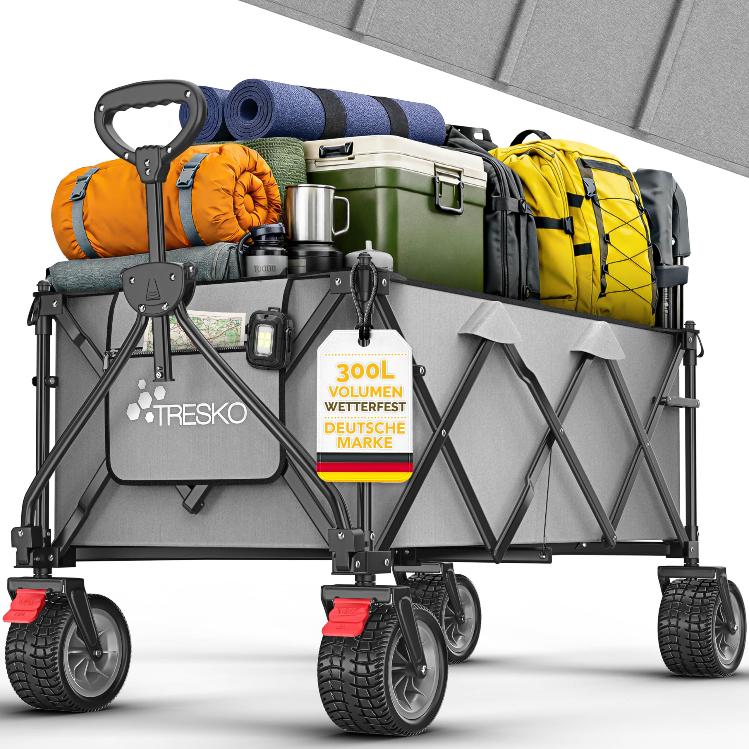 TRESKO® Bollerwagen faltbar 300L mit Bremse | Handwagen klappbar 150kg inkl. Vollgummireifen | Faltbarer Strandwagen Extra Breite All-Terrain-Räder | Transportwagen mit Tragetasche (Grau)