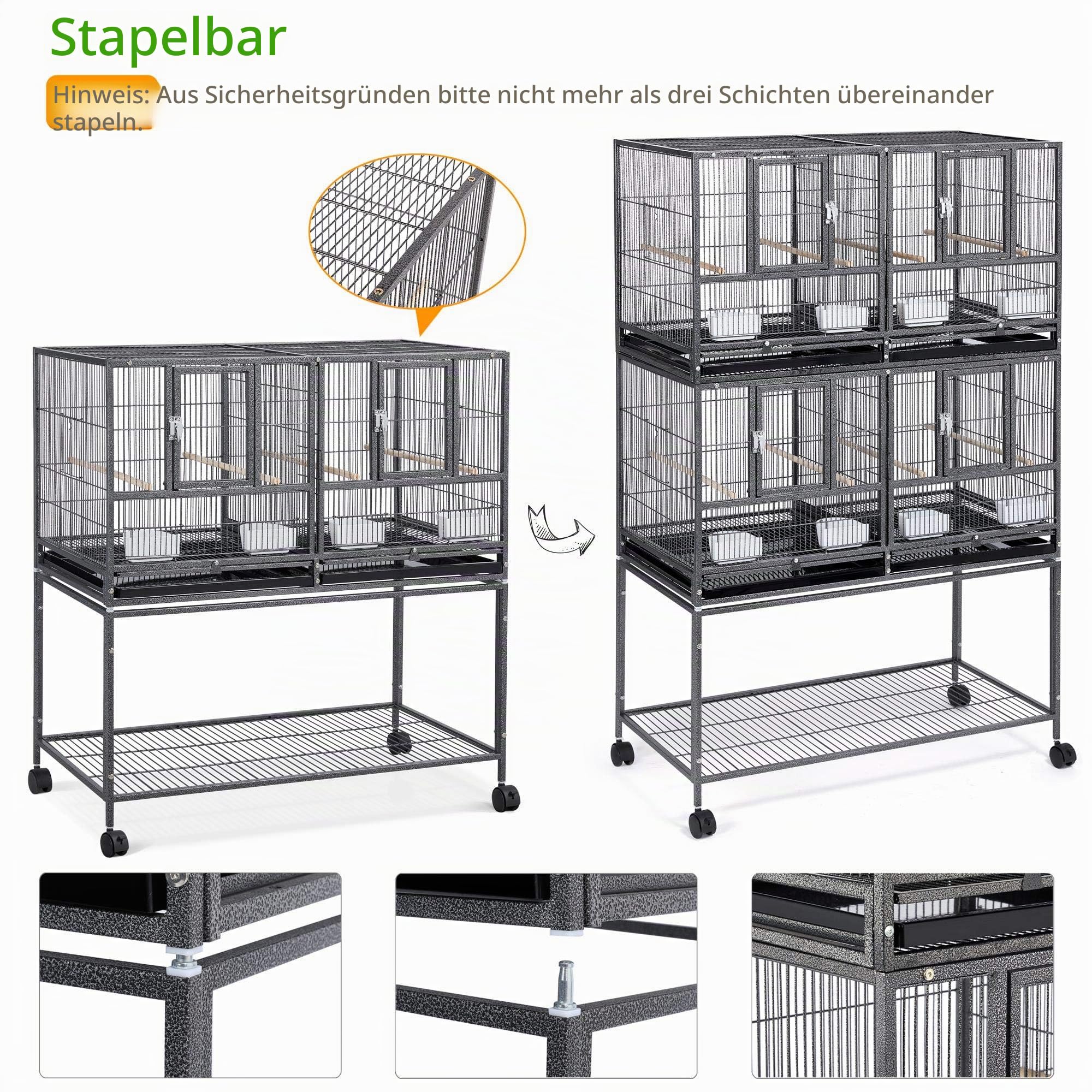 Yaheetech Stapelbarer breiter Vogelkäfig geteilter Brutkäfig für Kleinvögel Vogelkäfig mit Rollständer