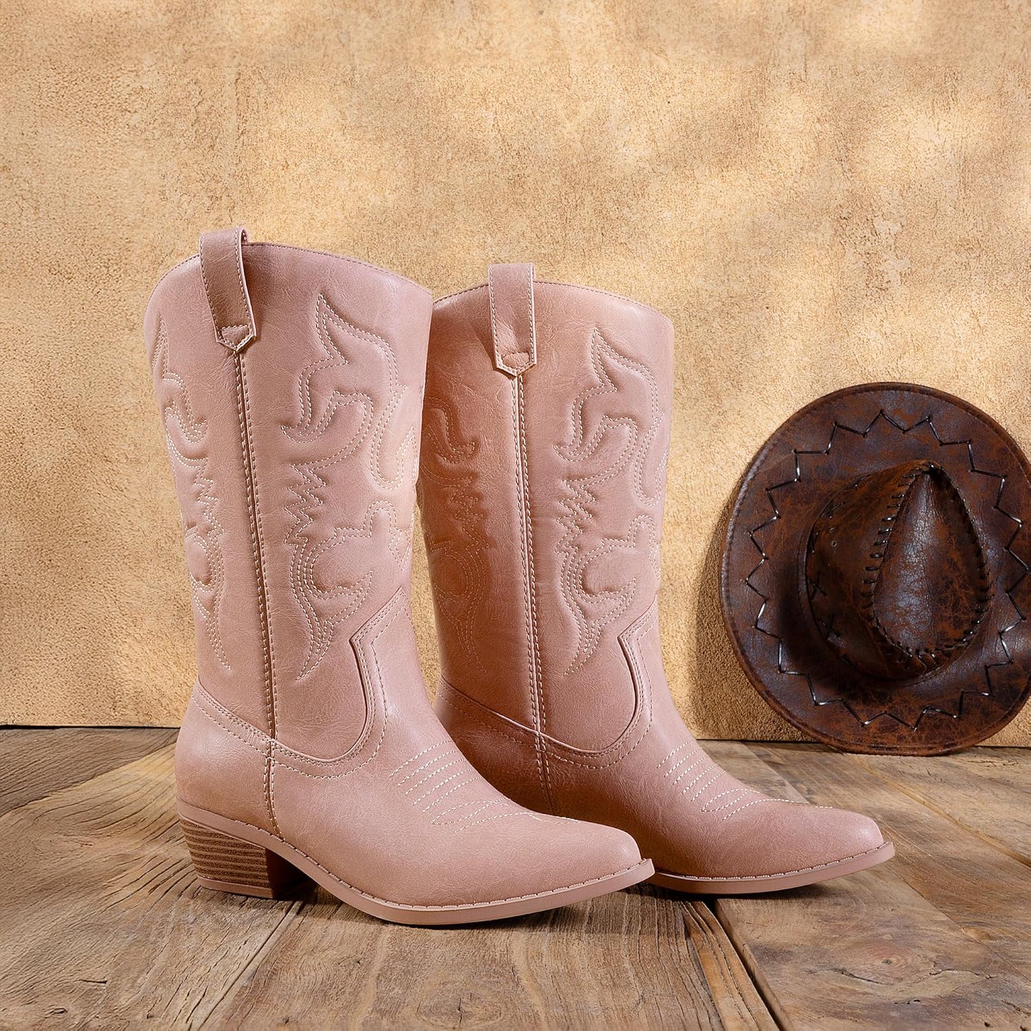 DREAM PAIRS Women's Cowboy Boots Pull On Cowgirl Boots Mid Calf Western Boots, Available in Regular and Wide Calf - Image 4