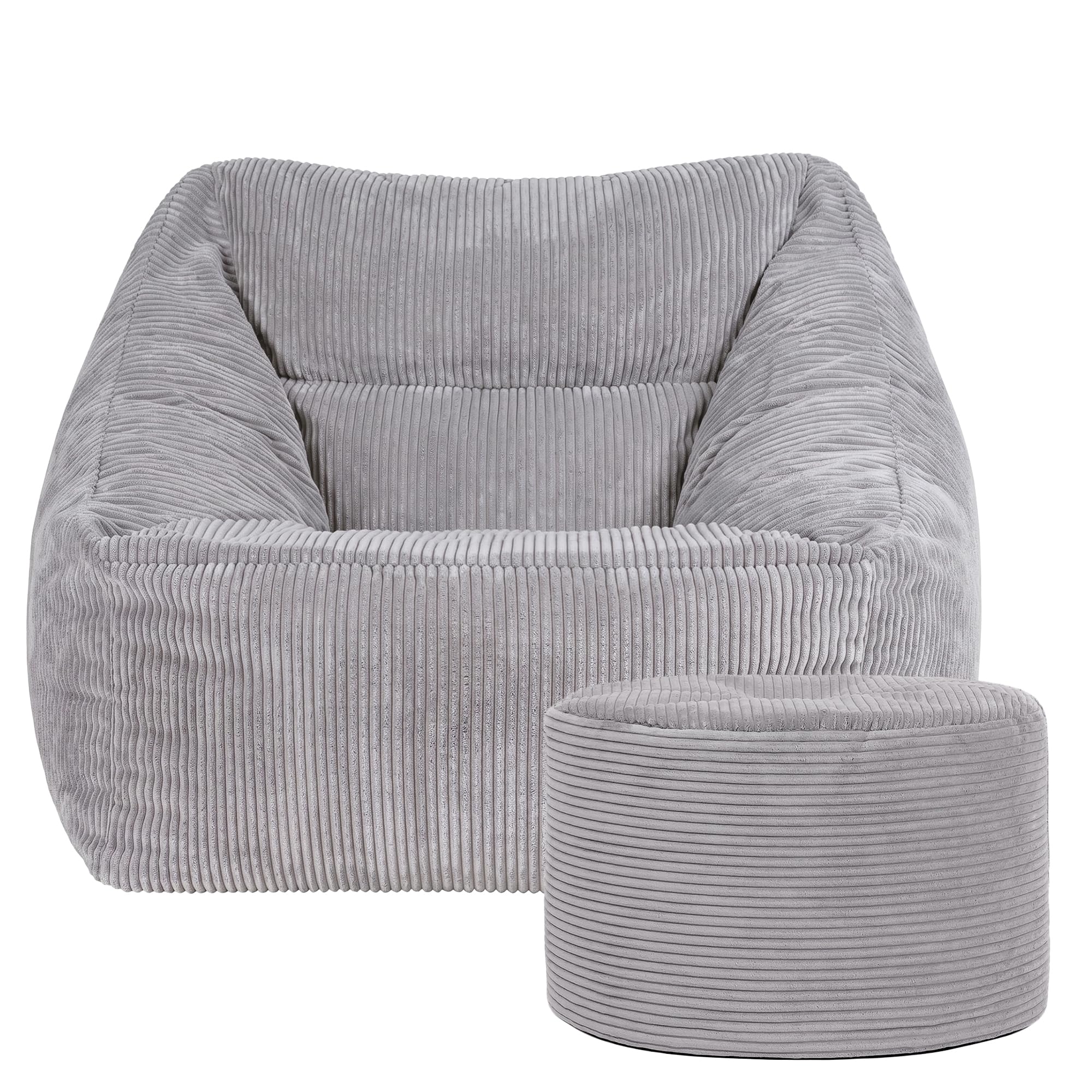 icon Natalia Cord Bean Bag Chair with Pouffe, Grey, Large Adult Bean Bag with Filling Included, Comfy Chair, Armchair, Living Room, Living Room Furniture, Bedroom Furniture