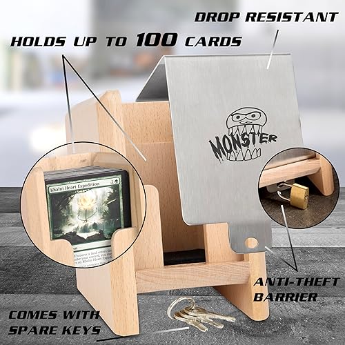 Miniatura 2 de Caja de madera Monster Guillotine, cerradura antirrobo y llave, capacidad para 100 piezas de cartas coleccionables con funda, compatible con Yugioh,