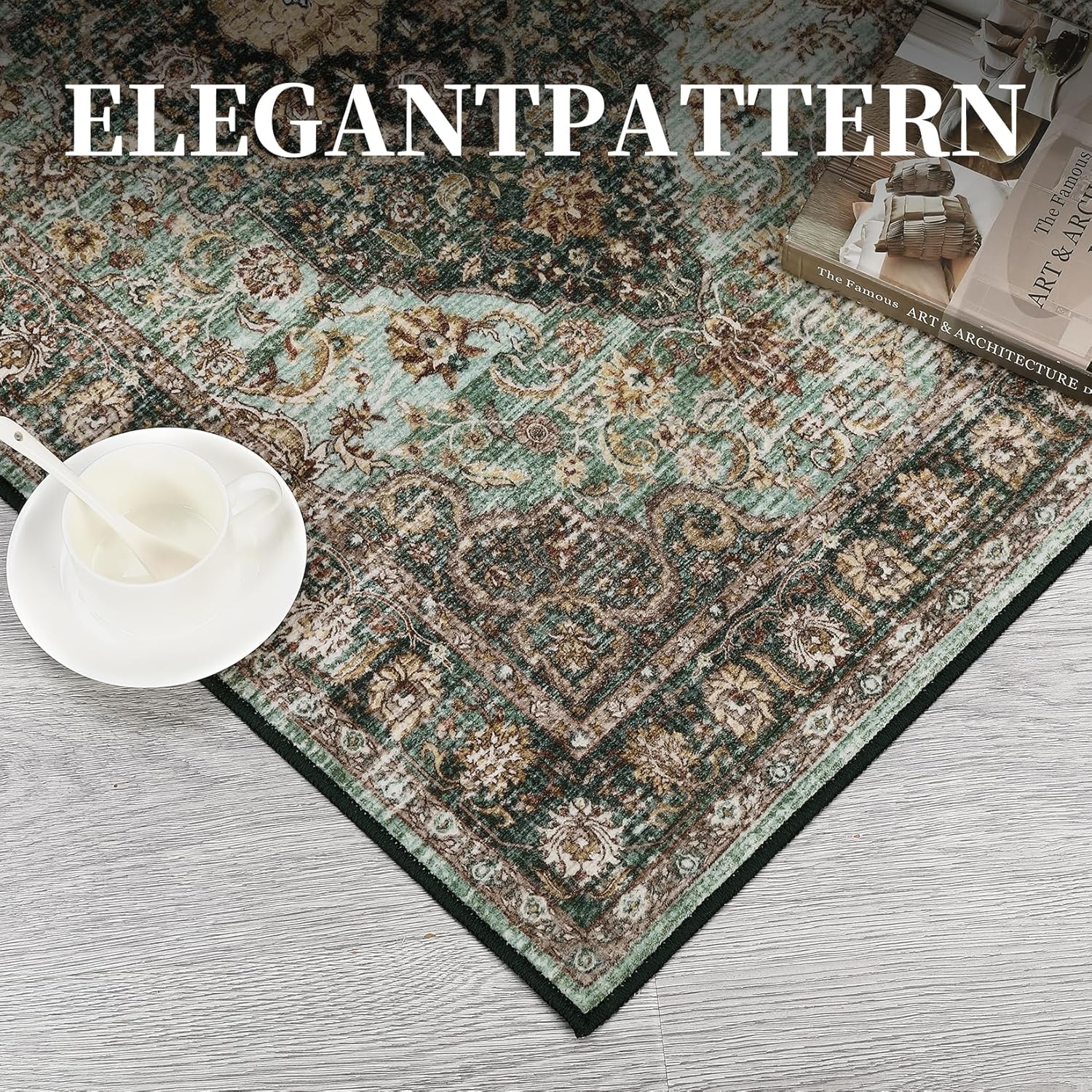 Green Floral 2' x 6' Washable Non-Slip Runner Rug