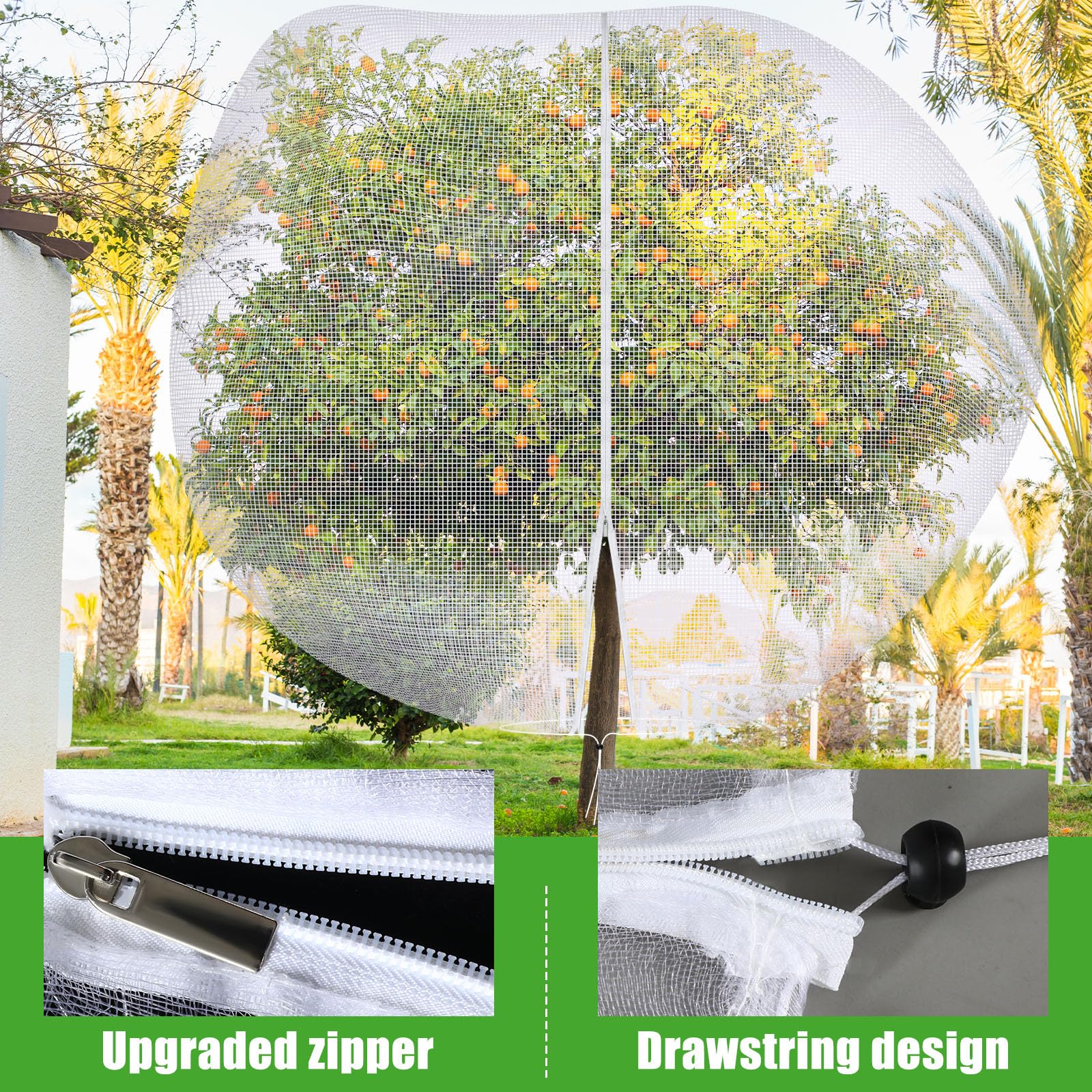 Bolsas grandes de red para árboles frutales de 12 x 12 pies, protector de plantas de jardín con cremallera y cordón, arbustos de arbustos de arándanos, cubiertas de red de malla para
