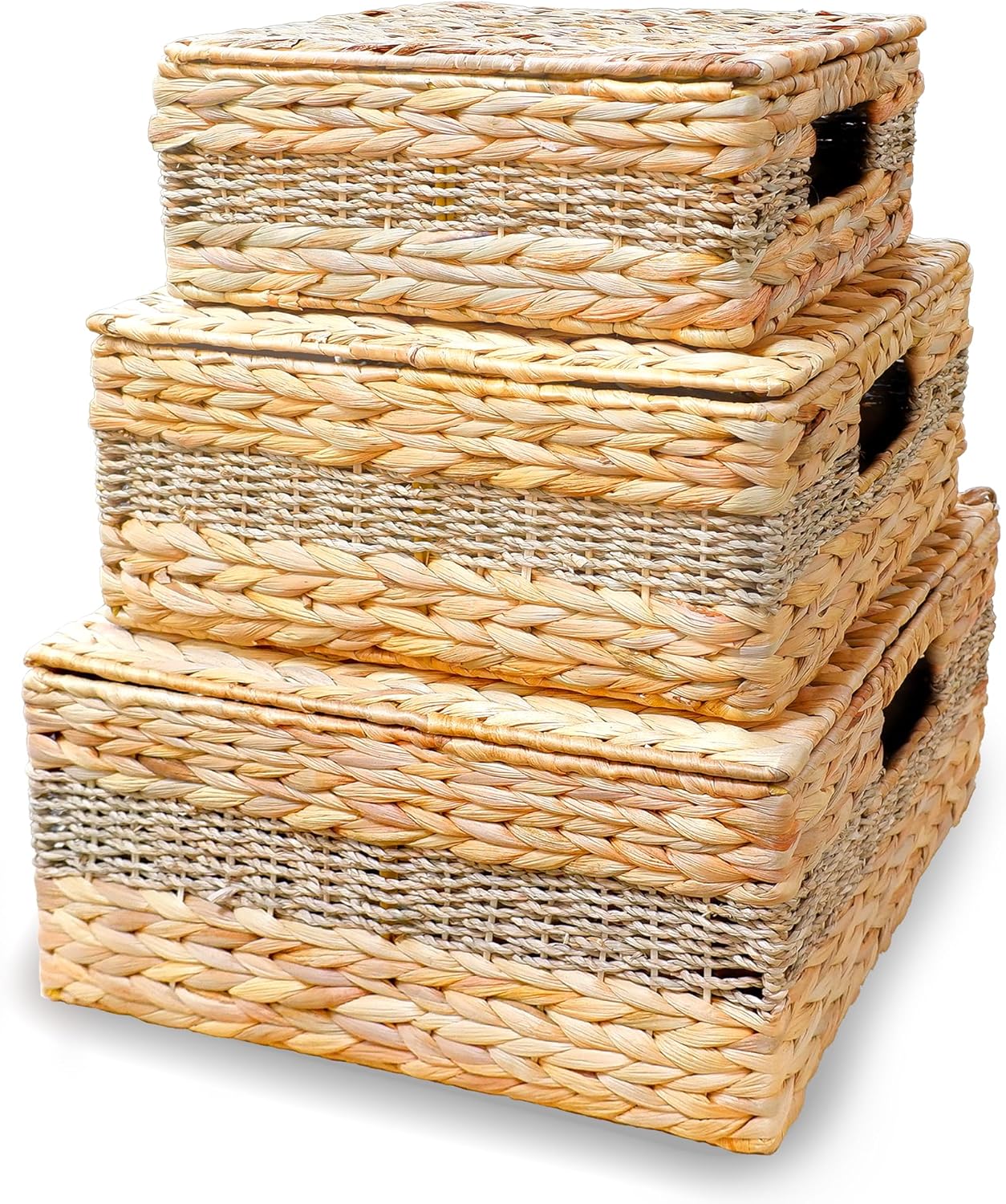 Wicker Storage Baskets with Lids - Set of 3 Rectangular Water Hyacinth Boxes, Natural Decor Organizer, Basket with Top, Multi-Use for Home and Shelf, Hyacinth Decorative Boxes for Effective Storage