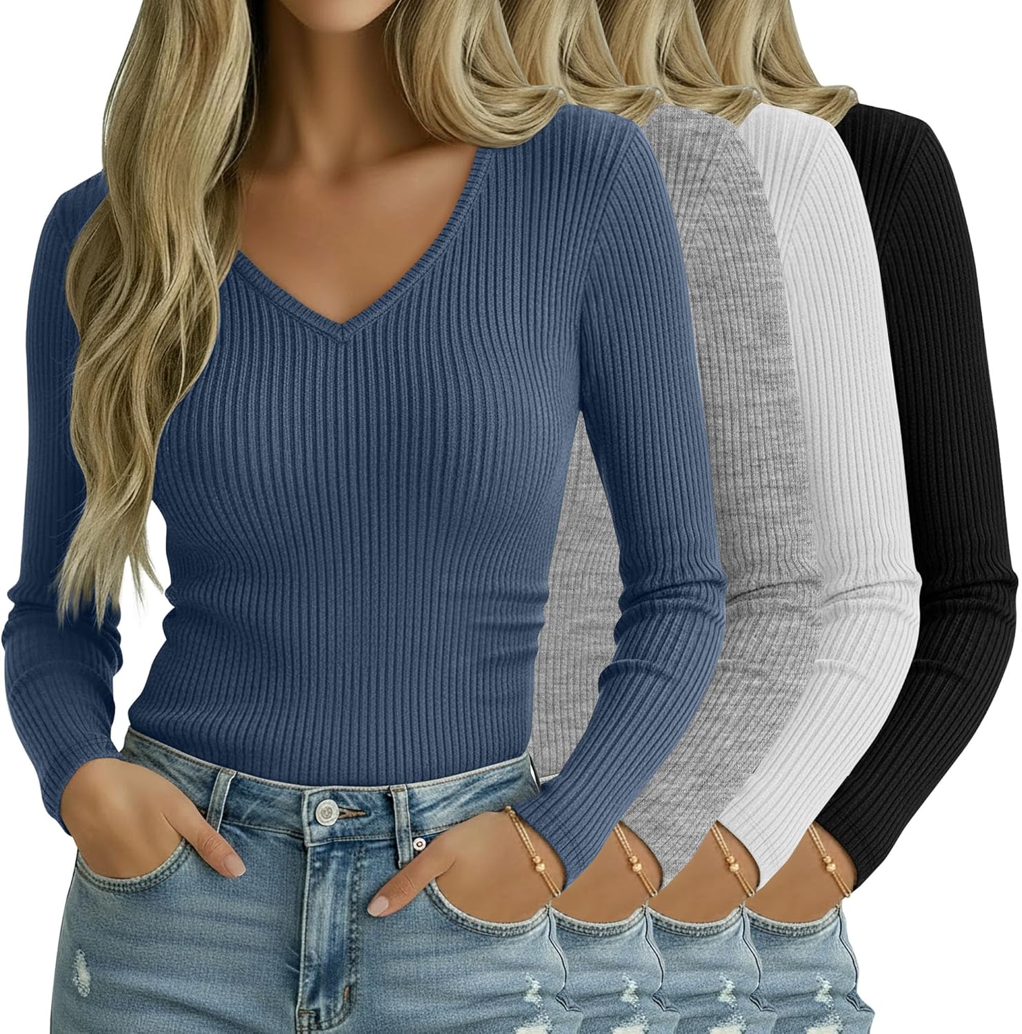 Oakgarden 4 Pack Women Long Sleeve Shirts, 95% Cotton V Neck Ribbed Knit Tops Fitted Lightweight Basic Going Out Shirts