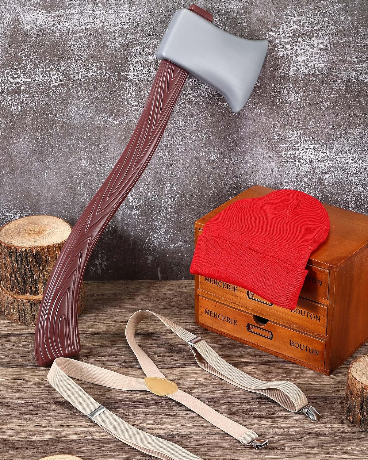 Blosssound 2 Sets Lumberjack Costume Set Included Lumberjack Beanies Halloween Axe Suspenders for Halloween Party