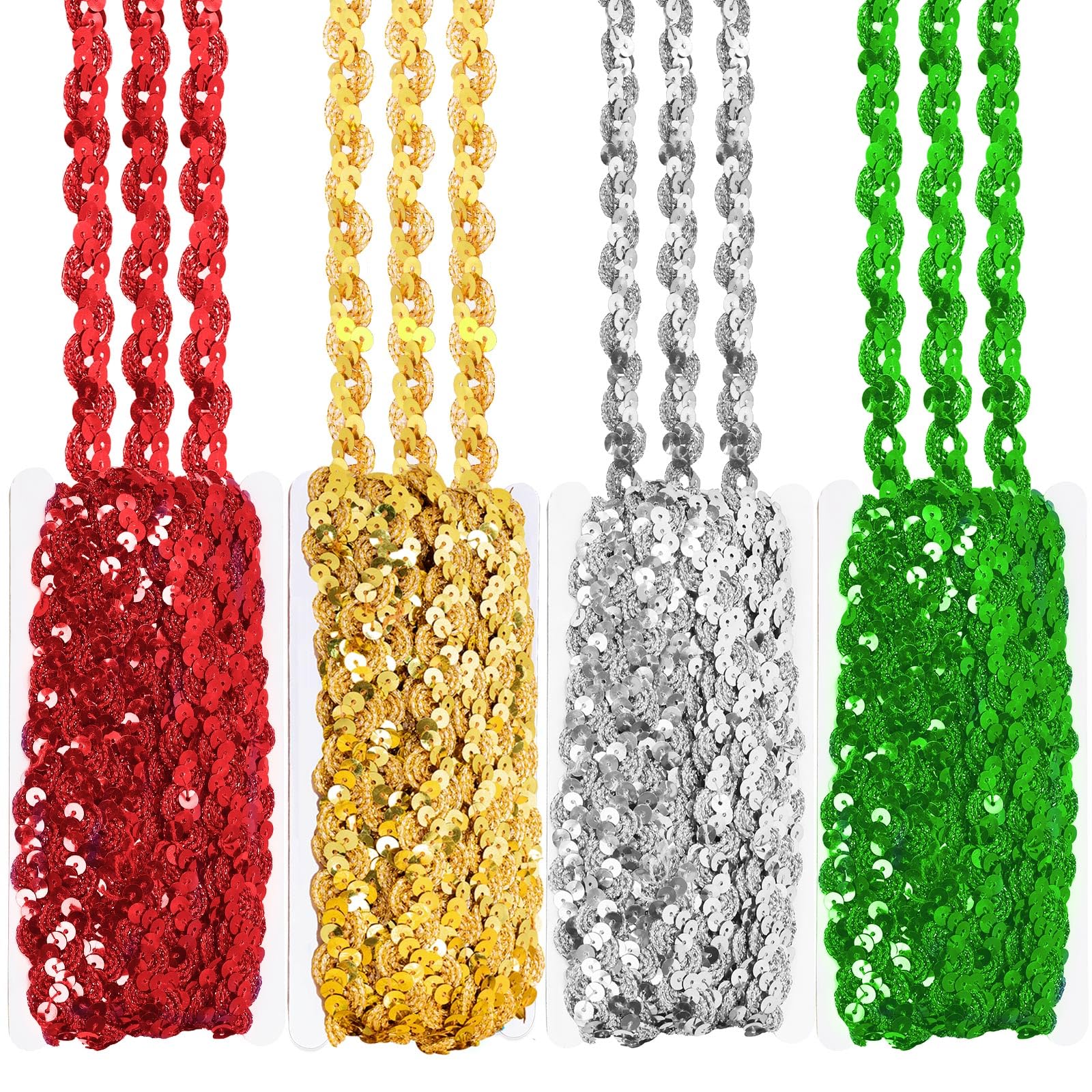Swpeet 4Pcs 4 Colors 5 Yards 0.6Inch Wave Sequin Braid Trim Strip Kit, Flat Glitter Sequin Braid Trim, Sequins Beaded Lace Ribbon, Paillette Sequins Ribbon for Sewing Clothes, Decoration, DIY Crafts — image 1