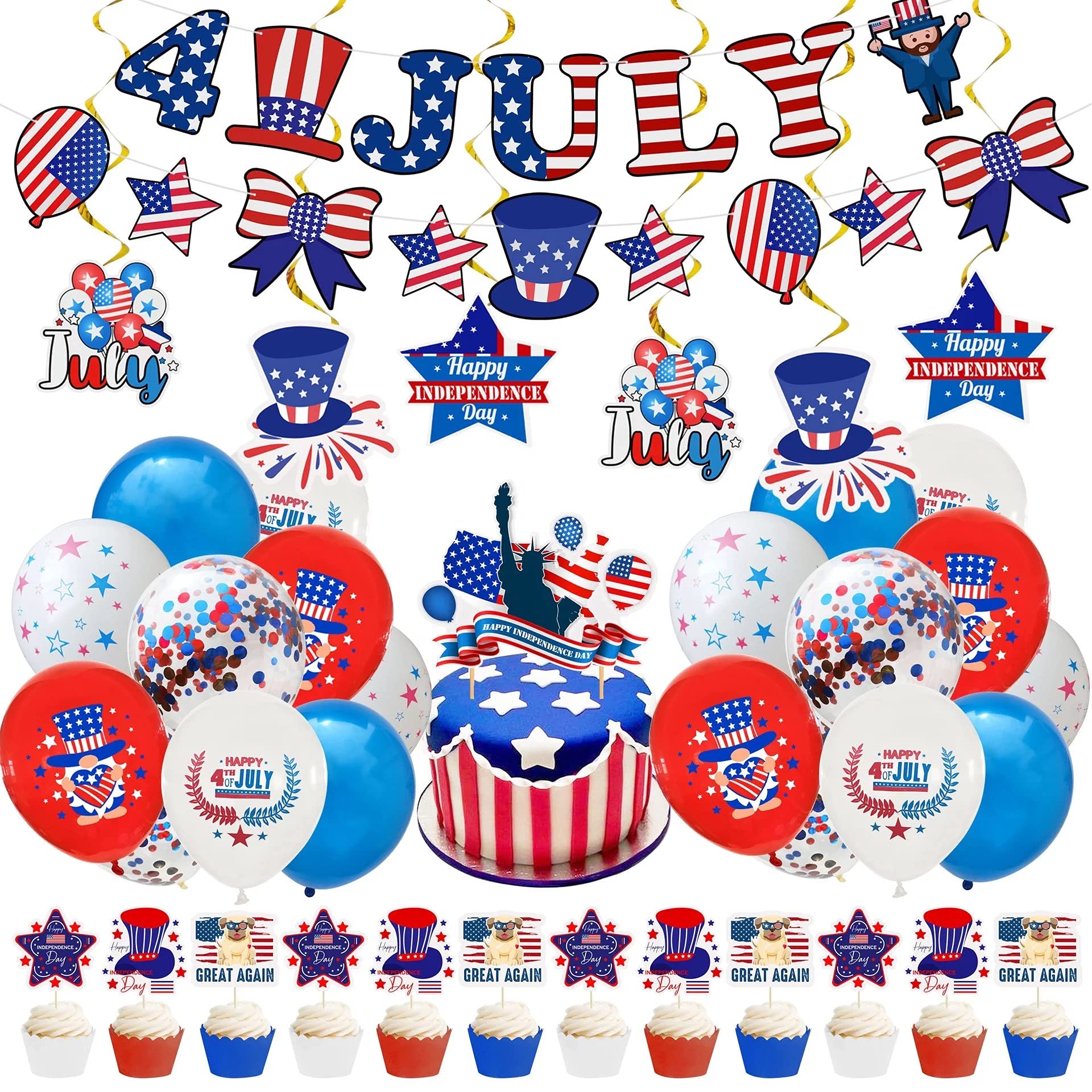 40PCS 4th of July Independence Day Theme Party Supplies - Cupcake Topper Balloons Spiral Hanging Flag Banner Kit USA Patriotic Decoration