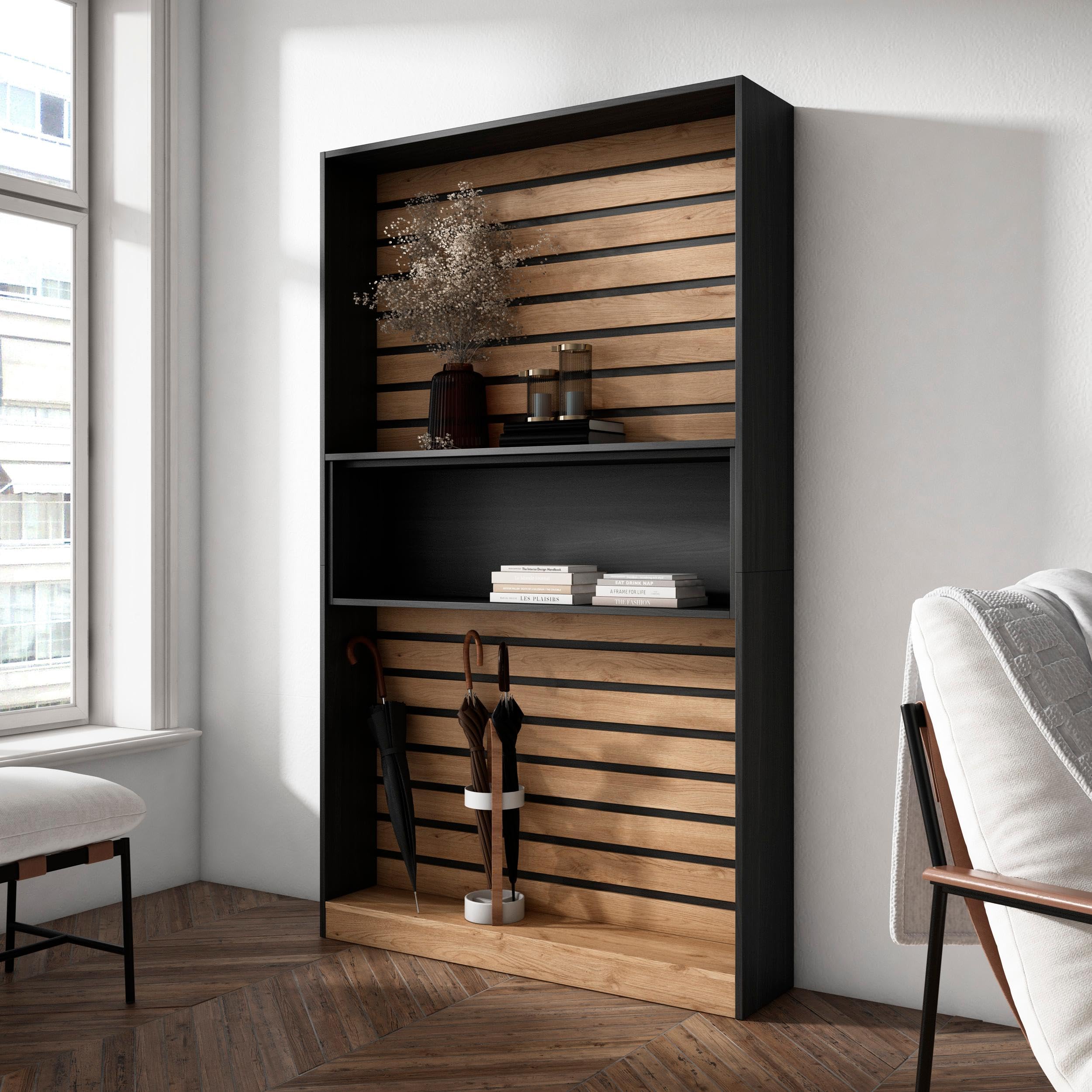 Skraut Home | Librería estantería | Estanteria Libros de Pared | 110x186x25cm | Salón - Comedor - Oficina | con Almacenaje | Estilo Moderno | Roble y Negro