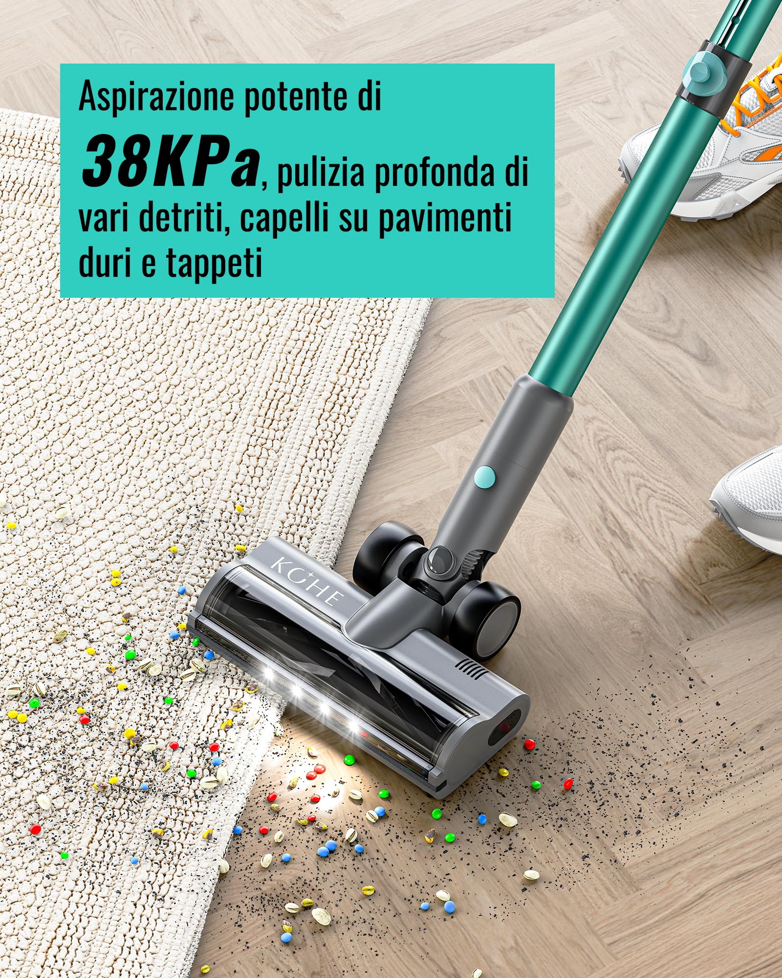 KOHE S10 Aspirapolvere Senza Fili 38KPa/450W Scopa Elettrica Senza Filo Potente Standby 45Mins, Aspirapolvere e Aspira Briciole Anti-Avvolgimento per Pavimenti/Tappeti/Interni Automobilistici