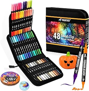 48 Colors Acrylic Paint Markers, Dual Tip with Fine Tip and Brush Tip Pens for Stone, Wood, Calligraphy, Canvas, Ceramic, Metal, Glass, Rock Painting, DIY Crafts Art Supplies Kit