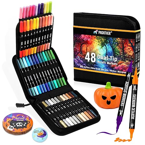 48 Colors Acrylic Paint Markers, Dual Tip with Fine Tip and Brush Tip Pens for Stone, Wood, Calligraphy, Canvas, Ceramic, Metal, Glass, Rock Painting, DIY Crafts Art Supplies Kit - 48 Colors