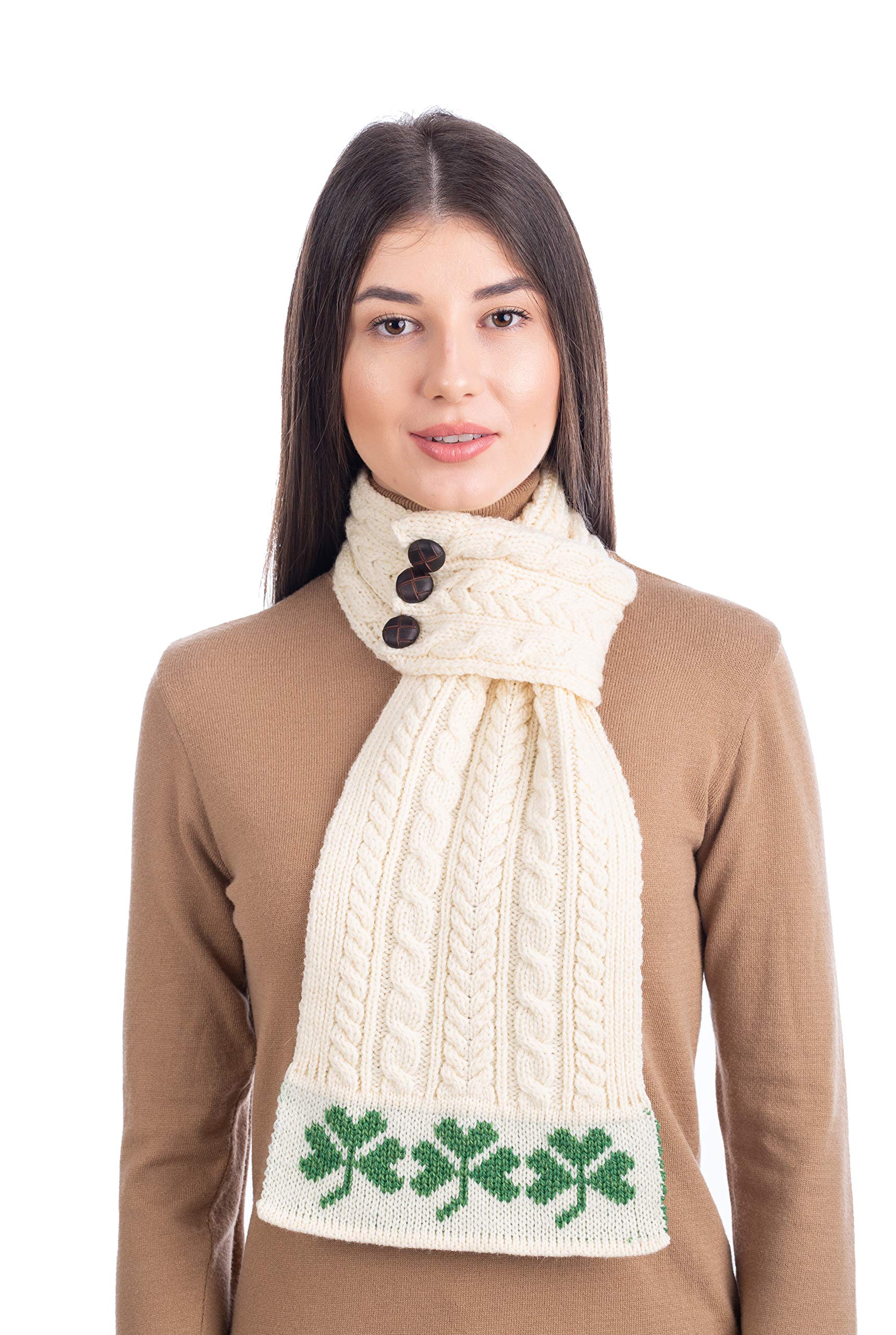 SAOL - Sciarpa Aran da donna con nodo, in stile irlandese con motivo con trifoglio, in 100% lana merino - marrone - taglia unica