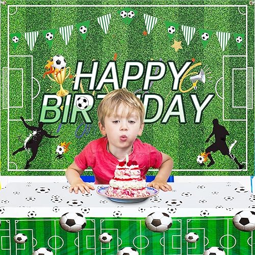 Miniatura 5 de Irenare 2 piezas de decoración de fiesta de cumpleaños de fútbol de 5 x 3 pies, telón de fondo de fútbol de feliz cumpleaños de 108 x 54 pulgadas,
