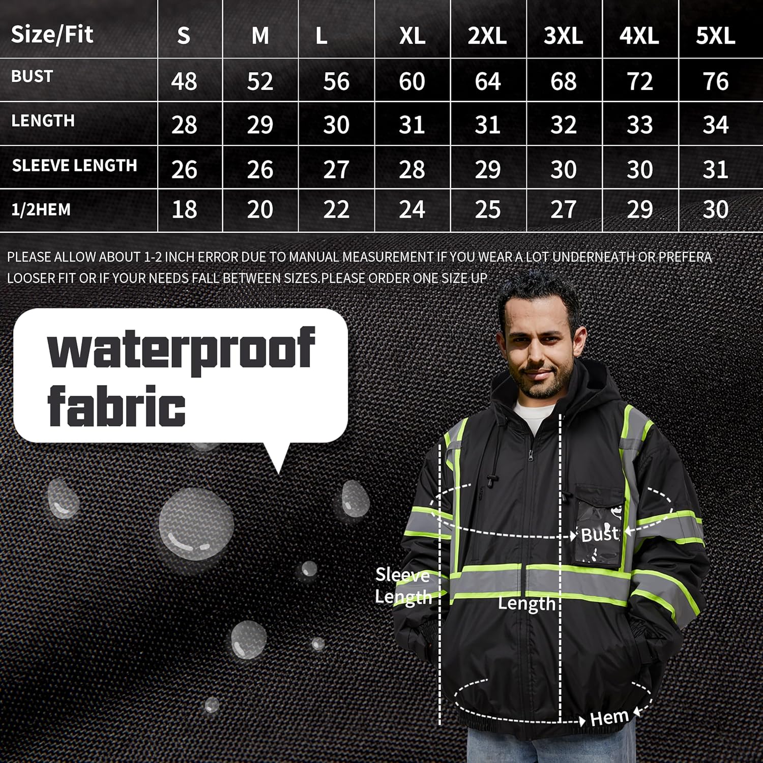 sesafety Reflective Jacket for Men, High Visibility Jackets, Safety Jackets for Men, Hi Vis Construction Bomber Jackets Waterproof with Pockets and Zipper, Black Bottom, Class 3