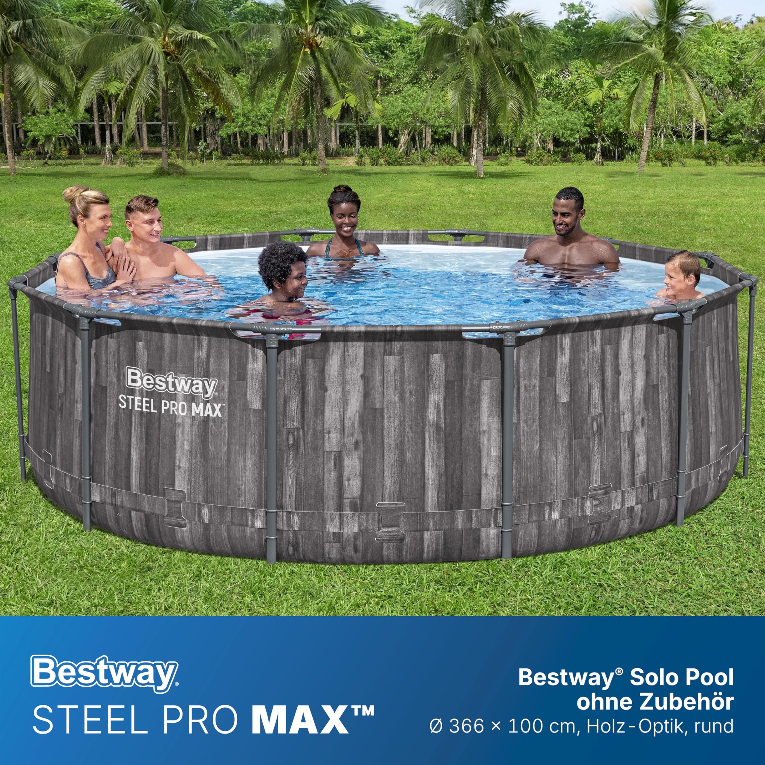 Bestway Steel Pro MAX Solo Pool ohne Zubehör 366 x 100 cm, Holz-Optik (Mooreiche), rund