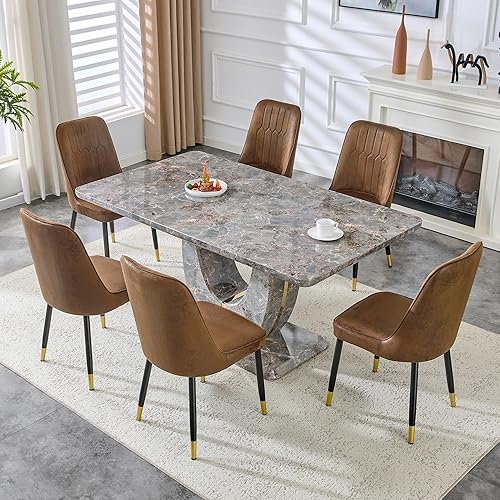 Miniatura 53 de JUFU Juego de mesa de comedor moderno para 6, juego de mesa de cocina de 63 pulgadas con mesa de mármol sintético y 4 sillas tapizadas de piel
