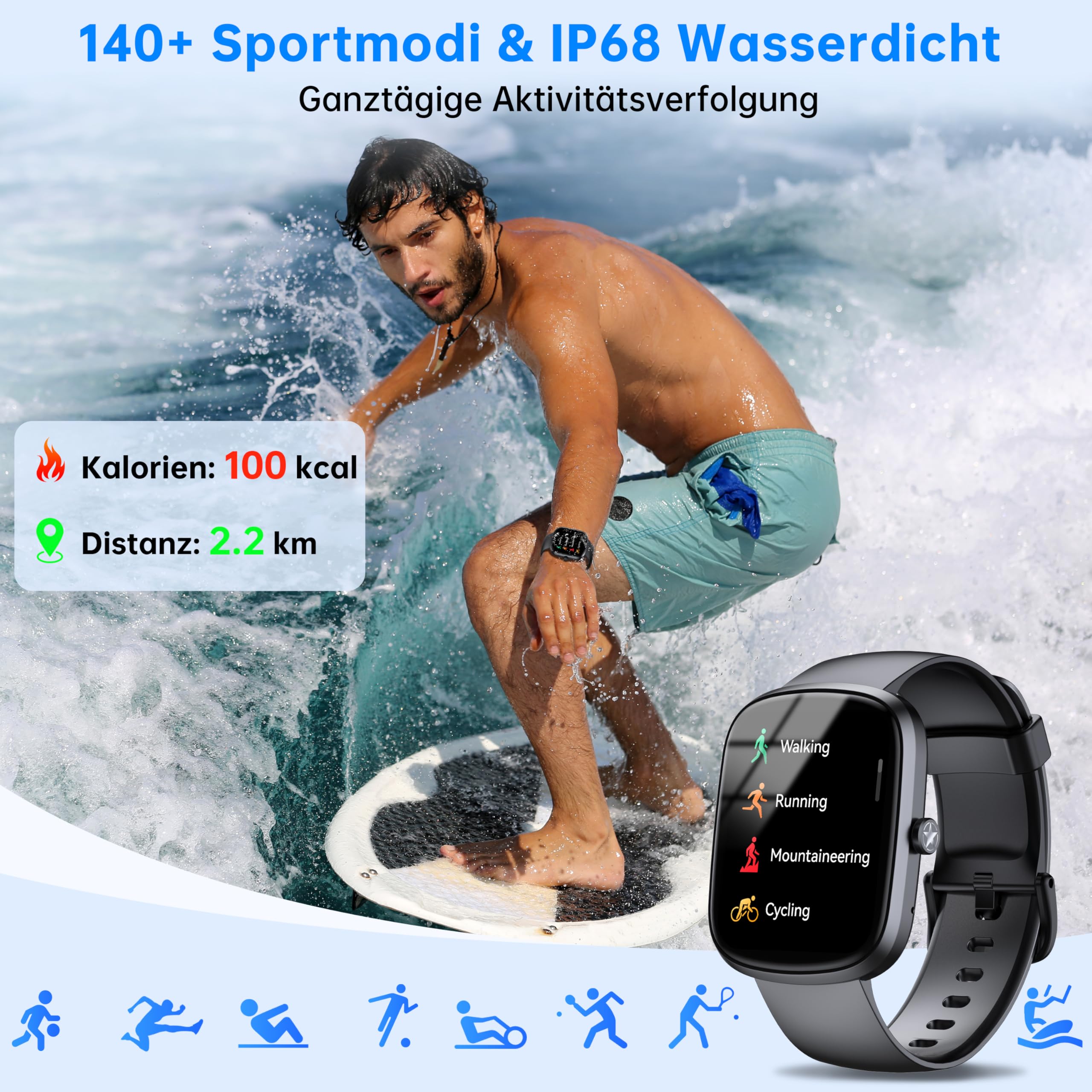 Smartwatch Herren Damen (Anruf Annehmen/Tätigen), 1.91" HD Touchscreen Smart Watch mit Herzfrequenz, 140+Sportmodi Fitnessuhr mit Schlafüberwachung/SpO2, IP68 Wasserdicht für iOS Android