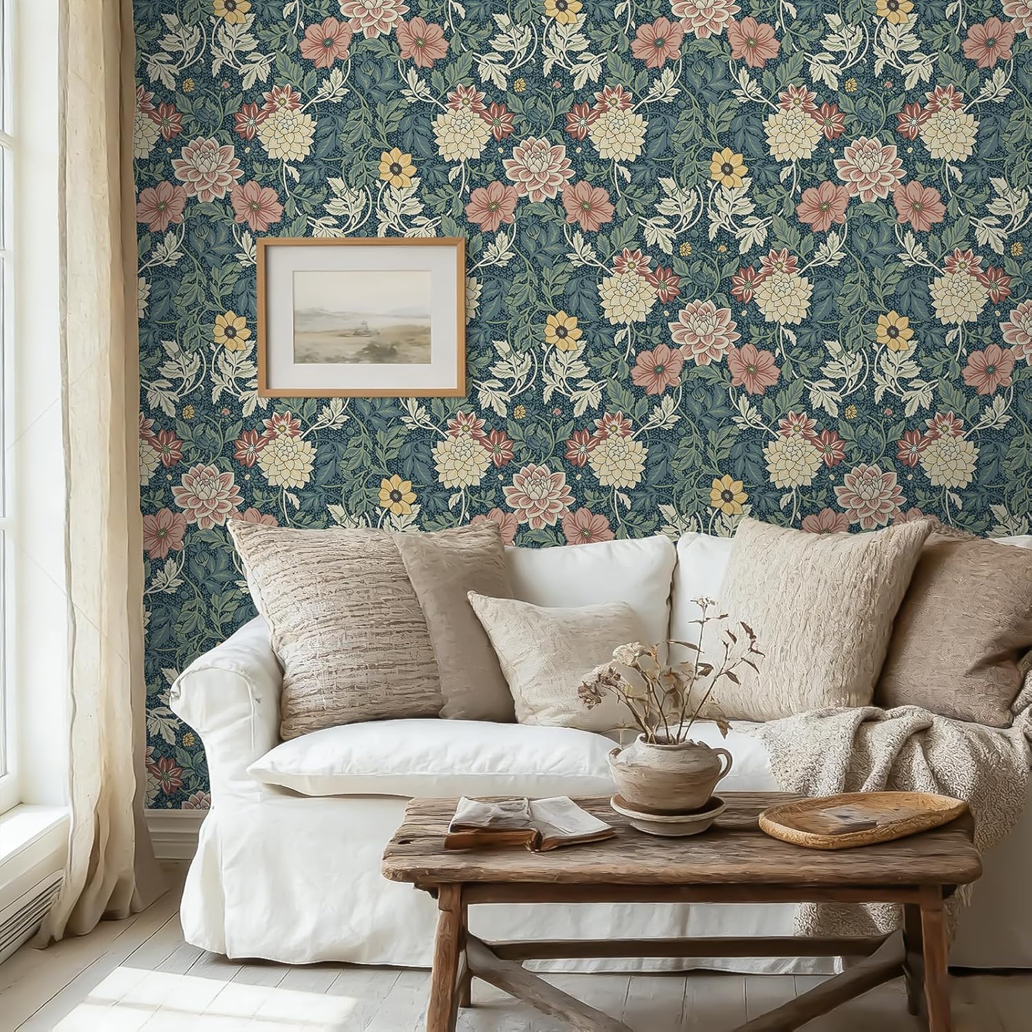 VEELIKE Retro Anemones Floral Wallpaper Peel and Stick Vintage William Morris Wallpaper for Bedroom Bathroom 17.7''x118'' Self Adhesive Contact Paper Blue Flower Wall Paper for Living Room Accent Wall 17.7" x 118"
