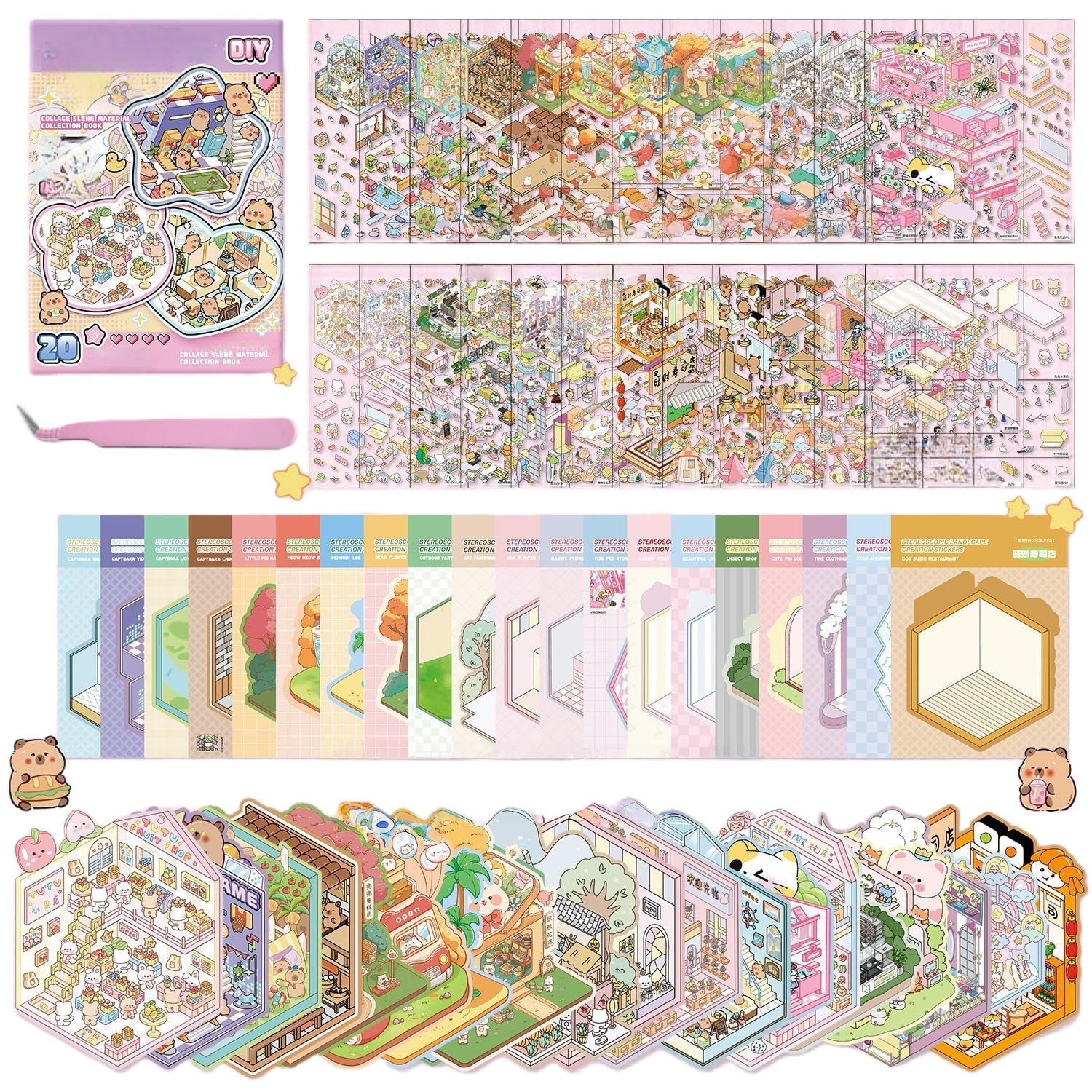 20 Sets DIY 3D Stickers Scenes Book,Cartoon 3D House Sticker Make Your Own Mini Supermarket Flower Shop Sushi Branch Amusement Park Therapy for Adult Relief Stress Pass The Time