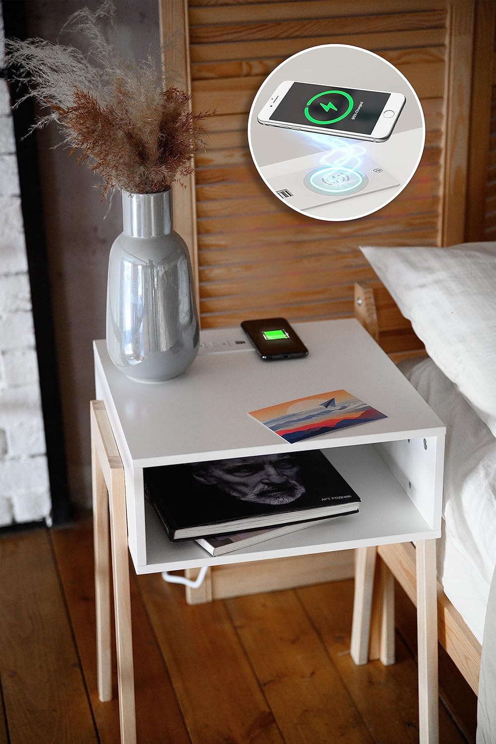 End Table with Wireless Charging Station, Bedside Night
