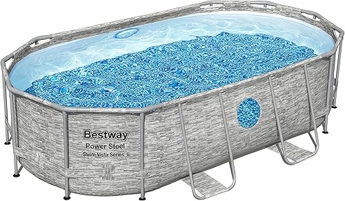 Vista 10 de Bestway 56631E-BW - Juego de piscina de verano con marco ovalado de acero eléctrico sobre el suelo, bomba de filtro y escalera de seguridad, 14 x 8