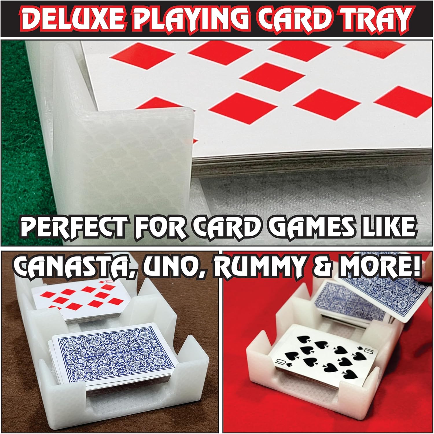 Deluxe Playing Card Tray, Non-Swivel, for Card Games Using 1-2 Decks of Cards Like American Canasta, Rummy, UNO and More - Made in USA (Crystal)