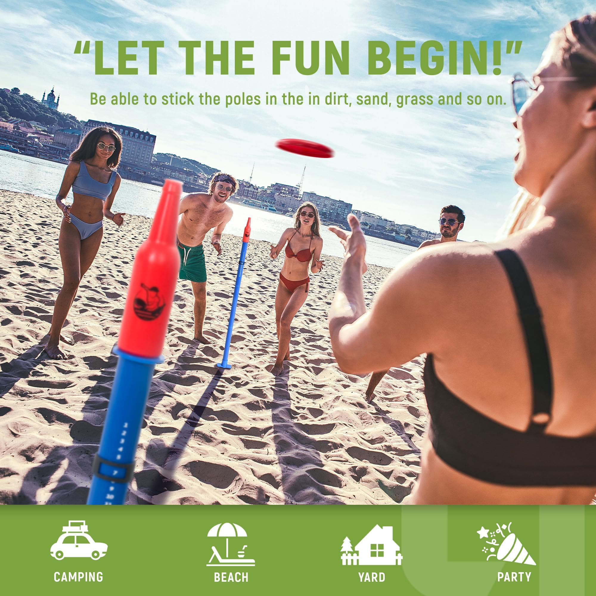 ropoda Juegos al aire libre - Juego de disco volador mejorado con estaca de tierra reforzada (incluye 2 extra), juego de lanzamiento de disco portátil para césped y playa con poste más grueso