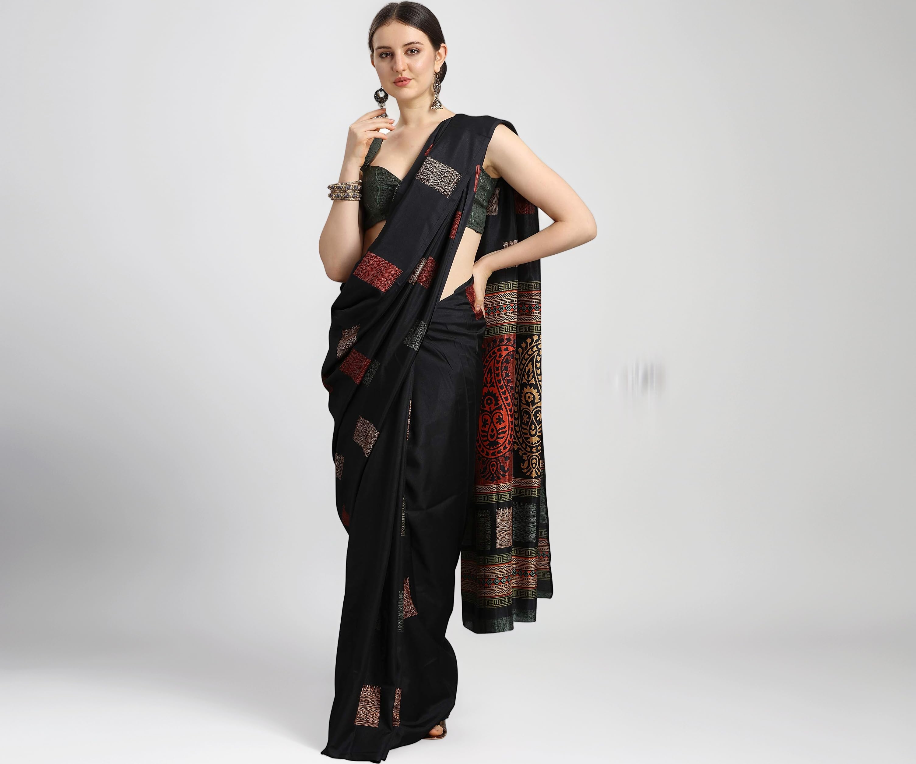 EthnicJunction Women's Silk Blend Printed Saree With Blouse Piece