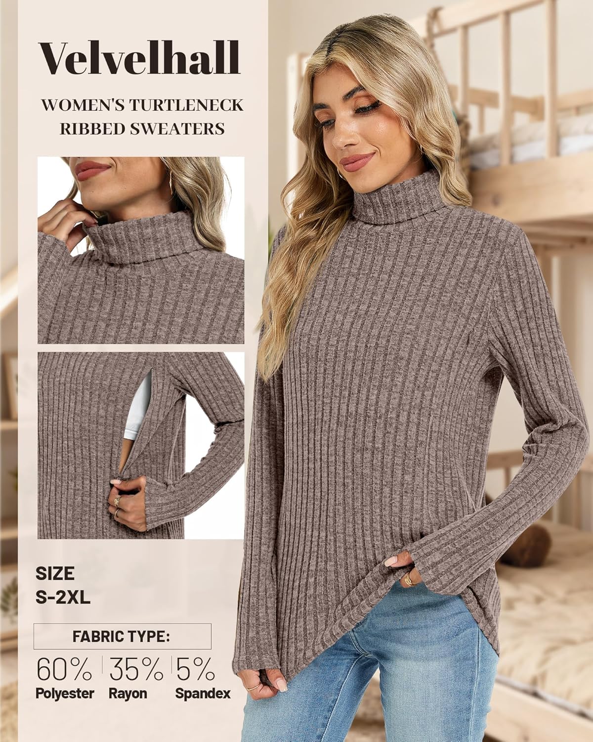 3 Pack Women Turtleneck Nursing Tops, Breastfeeding Maternity Shirts Long Sleeve Ribbed Sweaters with Hidden Zips - Image 5