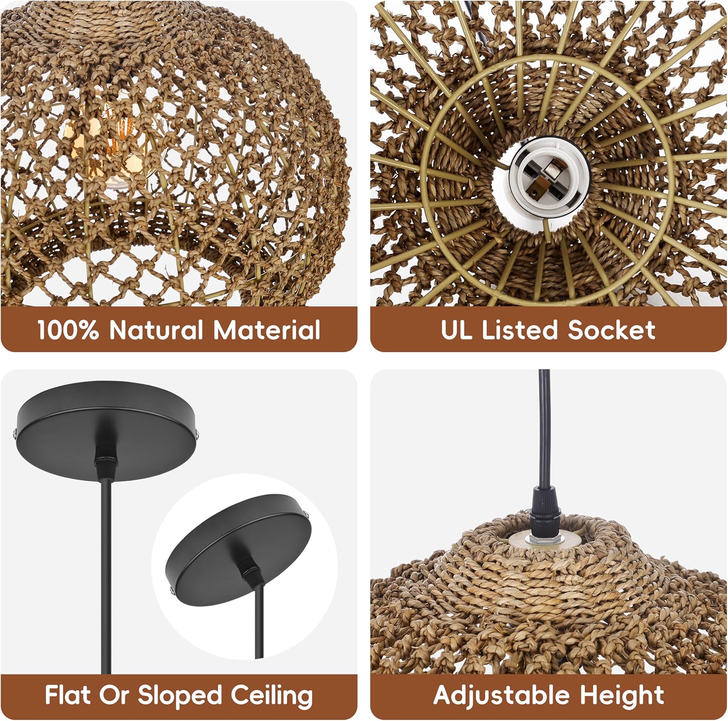 Littleglovo Large 16.5" Pendant Lights Kitchen Island, Boho Rattan Chandelier, Dining Room Light Fixture, 1-Light Handwoven Hanging Lamp, Farmhouse Coastal for Bedroom Living Room Entryway Foyer