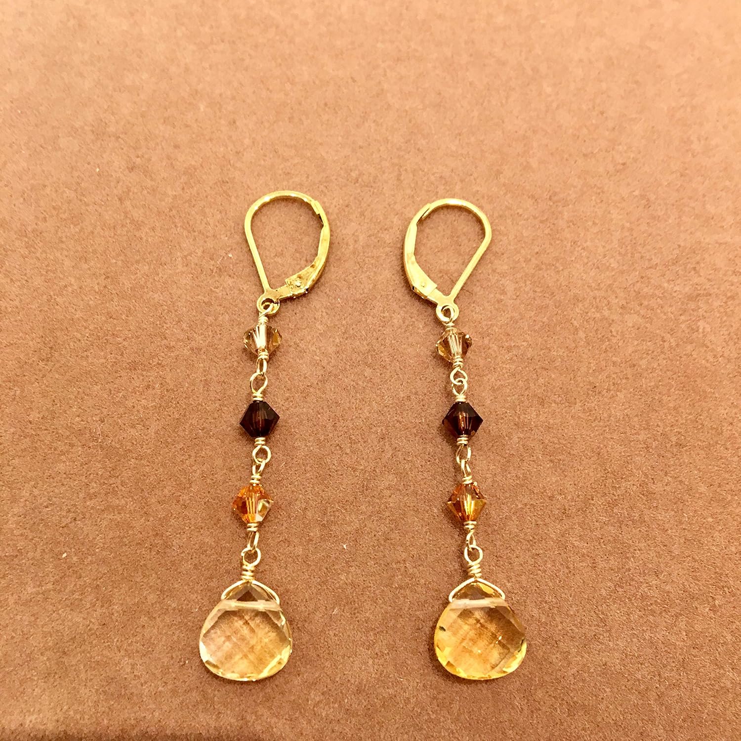 LTC Designs 14k Gold-Filled Leverback Earrings made with Multi-Colored Austrian Crystal and Citrine Briolette Drops, for Women and Men