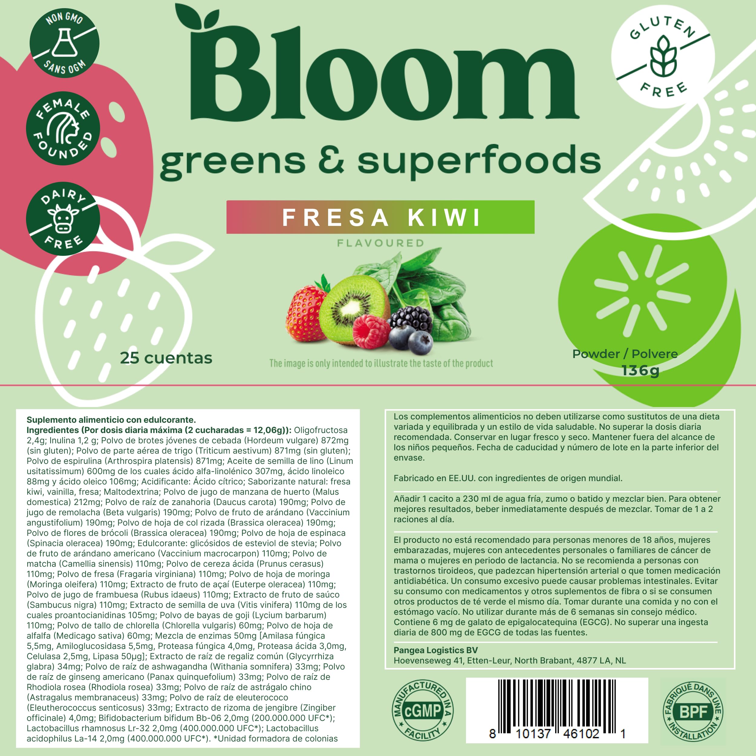 Bloom Superfood Mujer Fresa Kiwi con probióticos, enzimas, espirulina y chlorella. Apoya salud intestinal, energía, desintoxicación y anti-bloating. 25 porciones para smoothies.