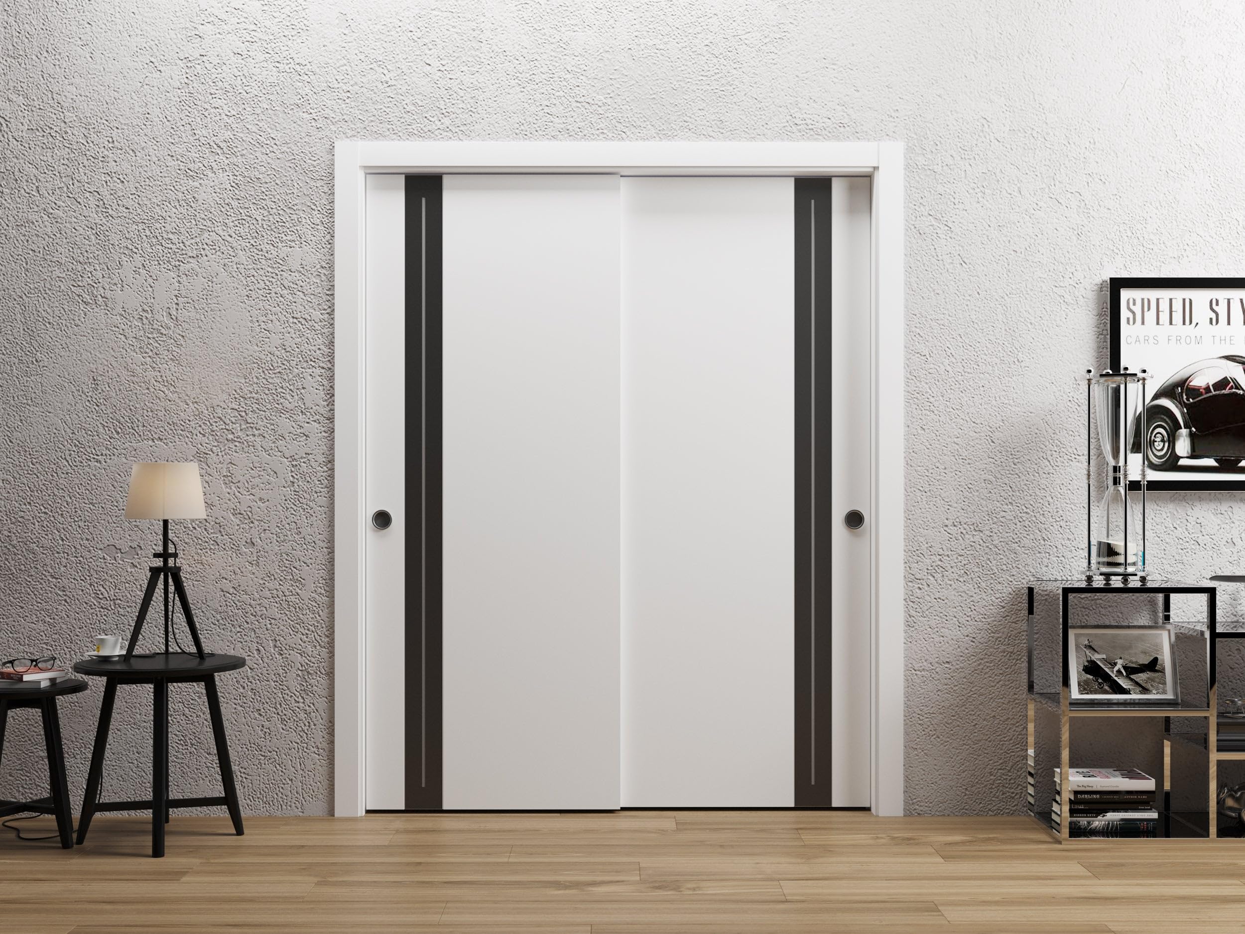 SARTODOORS Sliding Closet Doors 48 x 84 inches | Platinum 4440 White Closet Bypass Doors | Frosted Glass Solid Wood Modern