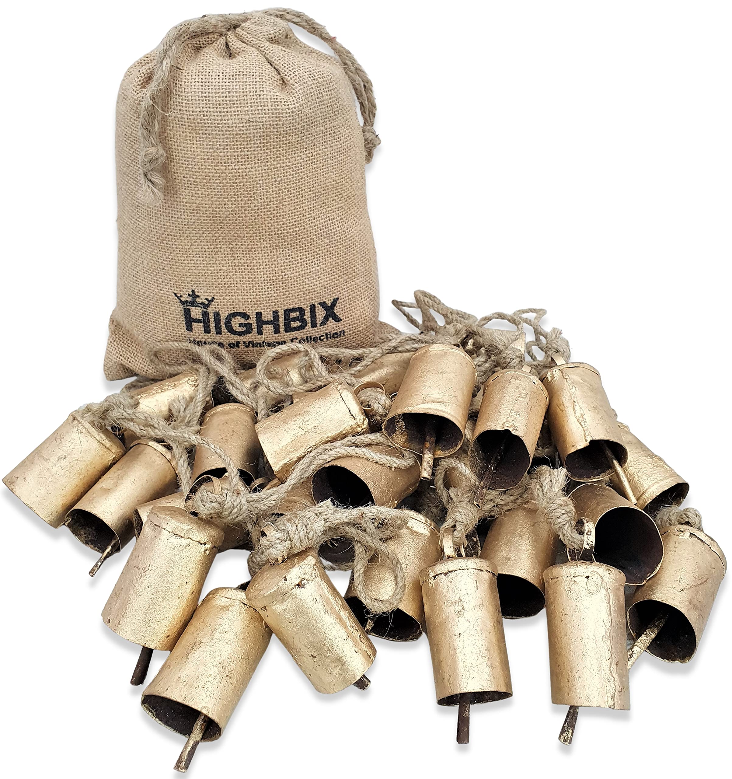 HIGHBIX Big 7cm Handmade Vintage Rustic Lucky Tin Cylinder Shaped Cow Bells Set of 30 Festive Décor Bells with Jute Rope - Image 4 thumbnail
