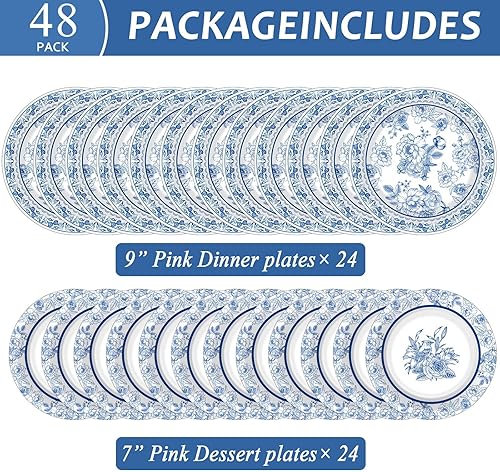 Miniatura 2 de Juego de 48 piezas de suministros florales para fiestas, platos desechables de papel, platos de papel de flores azules, platos de postre, vajilla de