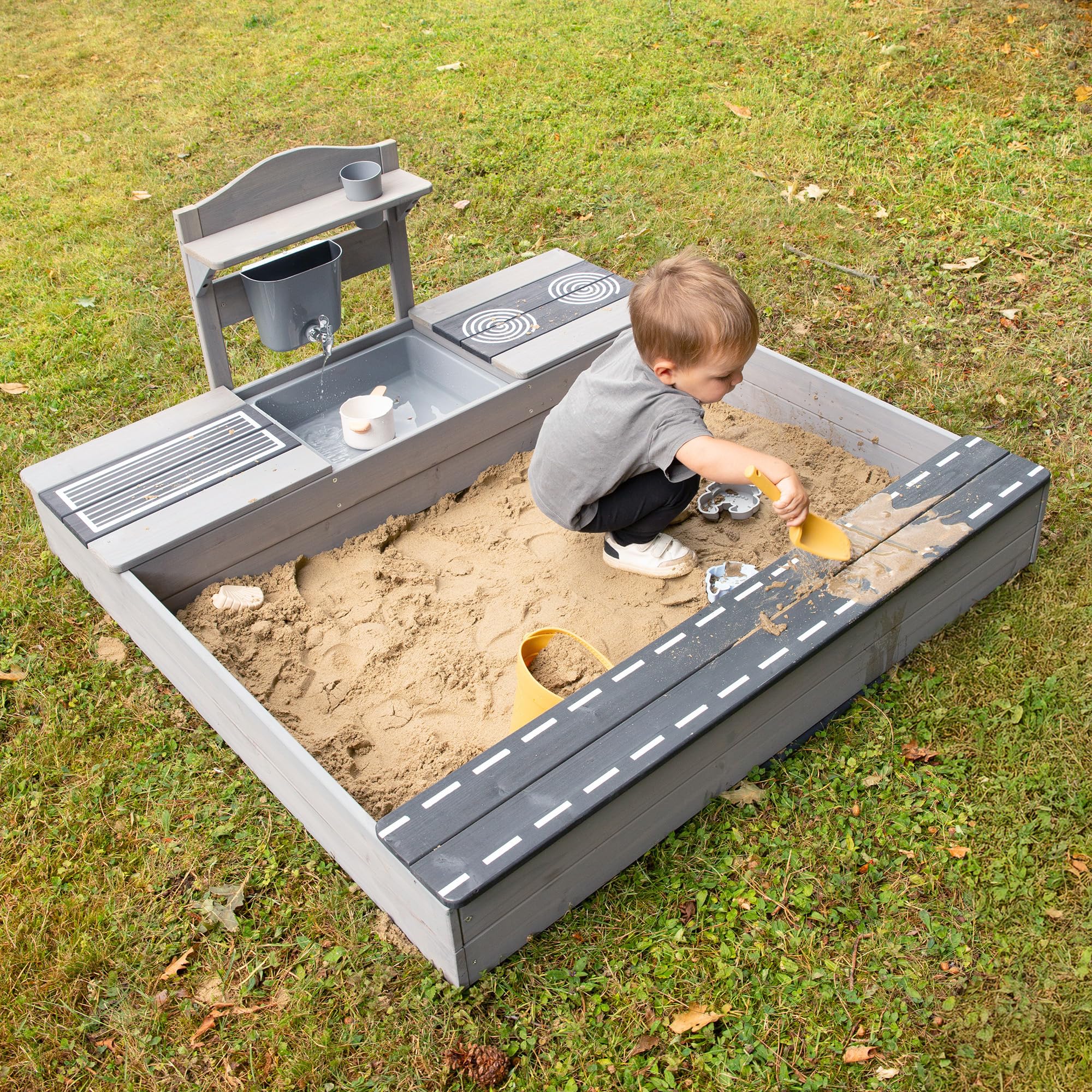 roba Sabbiera per Bambini - Certificata FSC con Cucina da Esterno - Resistente alle Intemperie - dai 12 Mesi - per Giardino, Terrazza, Balcone - Legno Massiccio - Grigio Smaltato