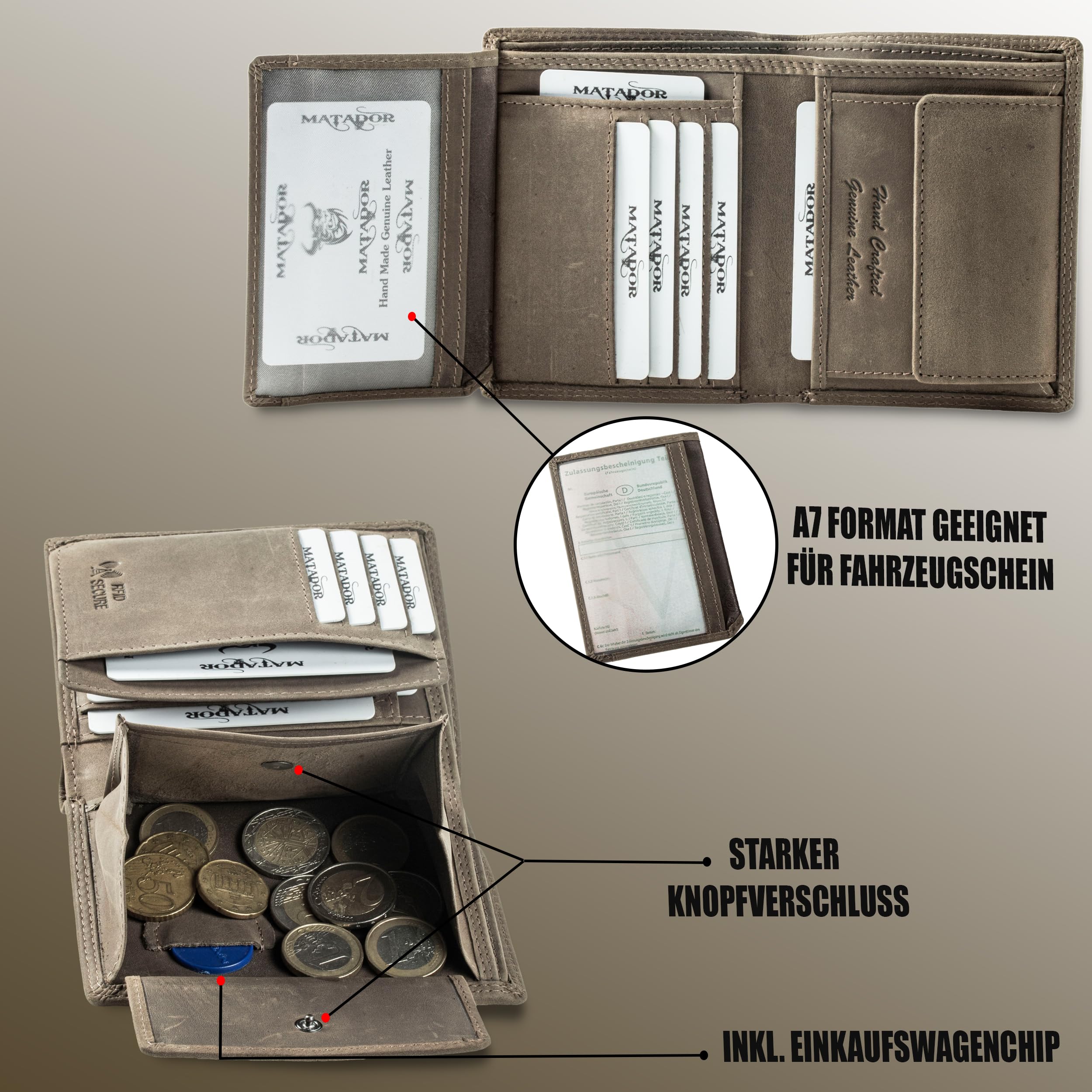 Matador Cartera Hombre Piel RFID 12 Tarjeteros Monedero Gris