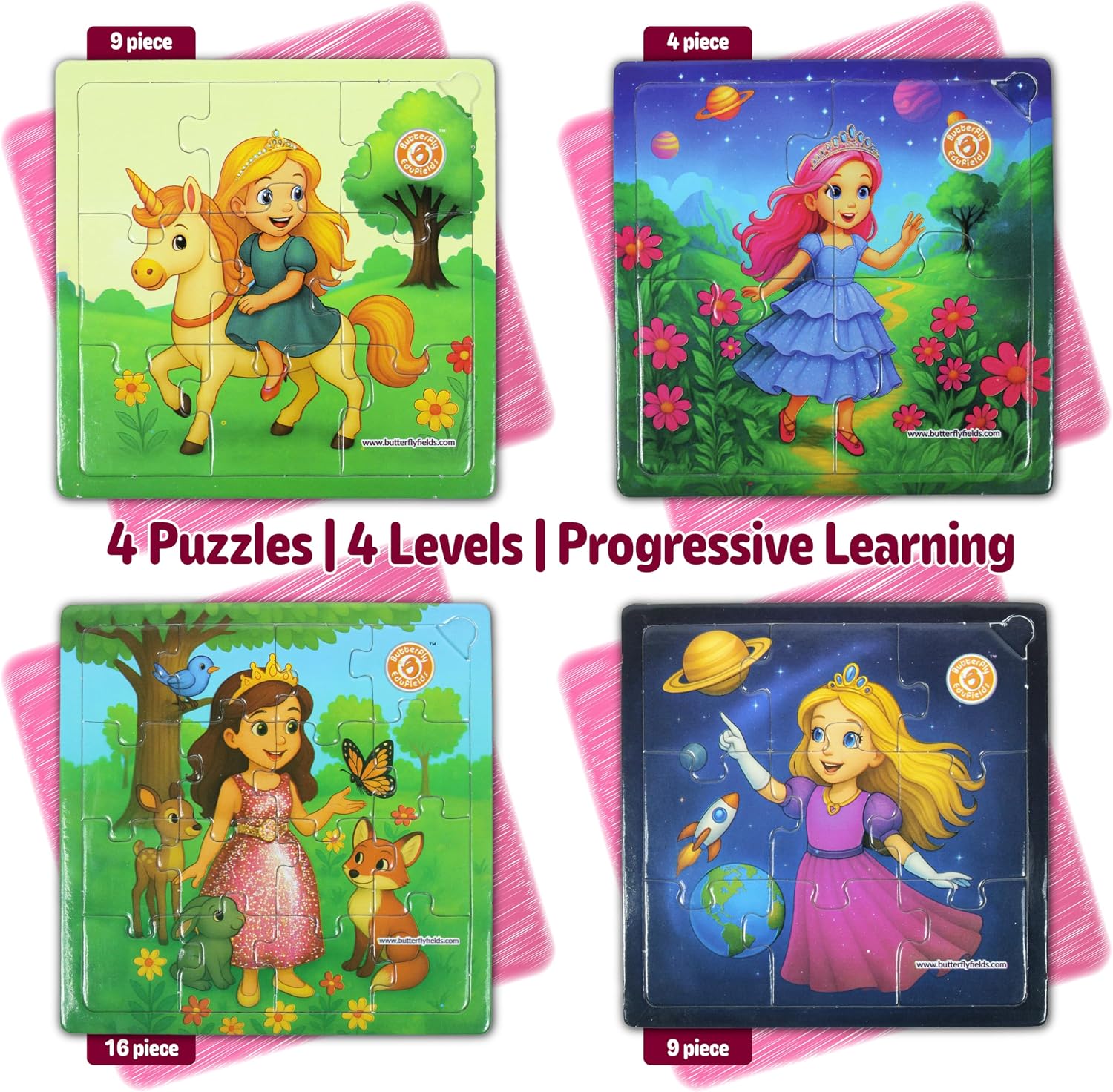 Butterfly EduFields 4-in-1 Princess, Unicorn Puzzles for Girls Ages 3-5-6 image 2